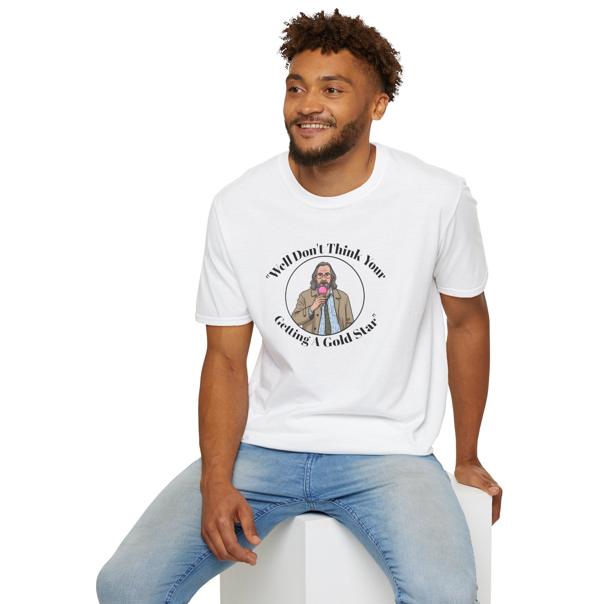 Man sitting wearing White t-shirt, Jackson lamb caricature with graphic design and text on a white background