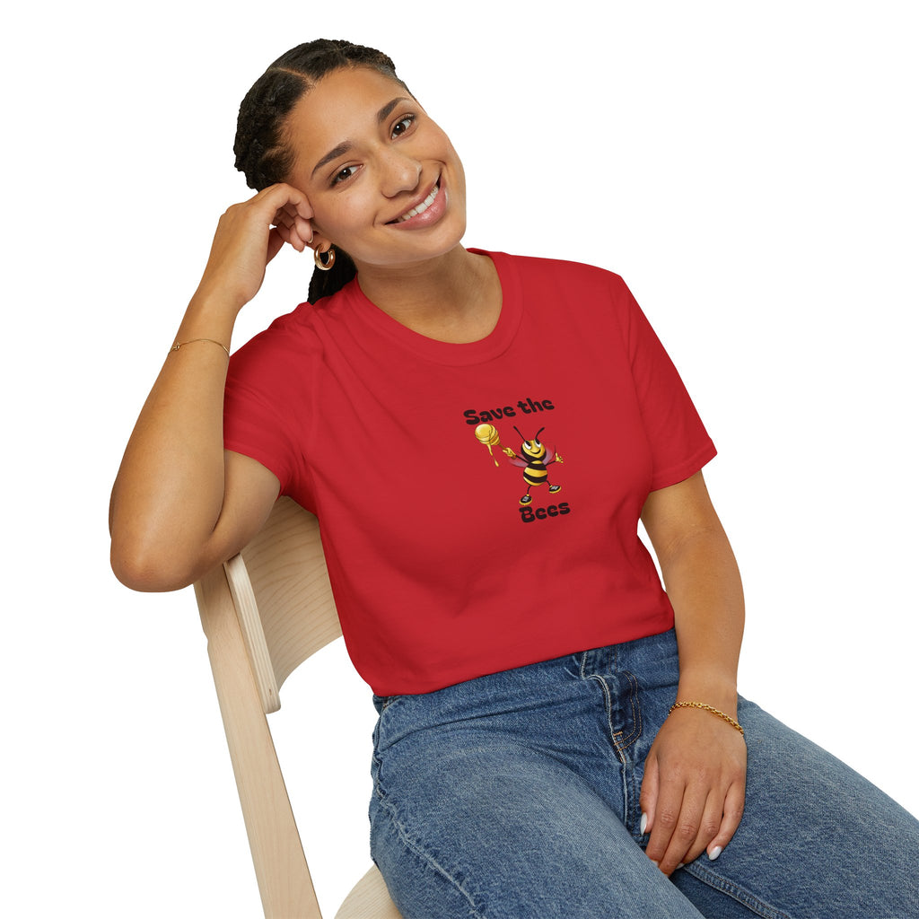 Person wearing a red t-shirt with a bee graphic and text, sitting on a white background