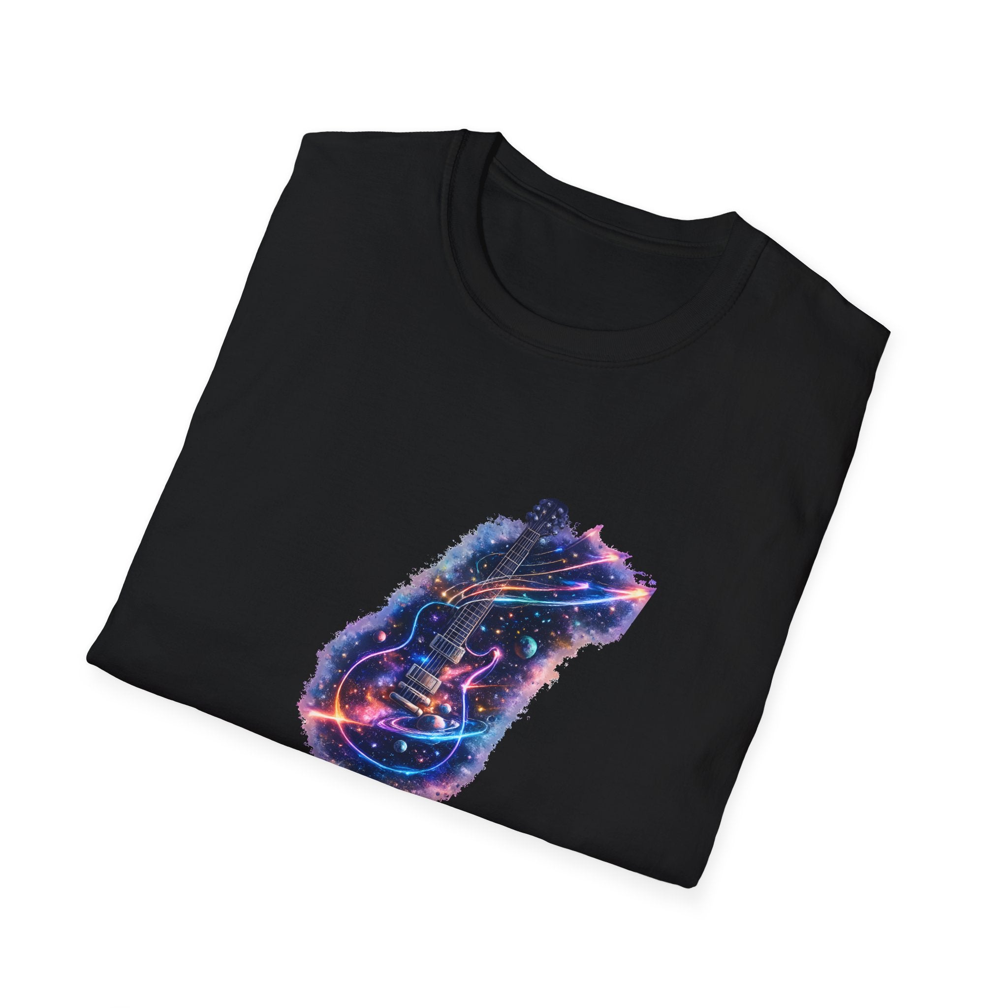 Cosmic guitar design with galaxy planets stars and neon shooting star strings for music lover t shirt