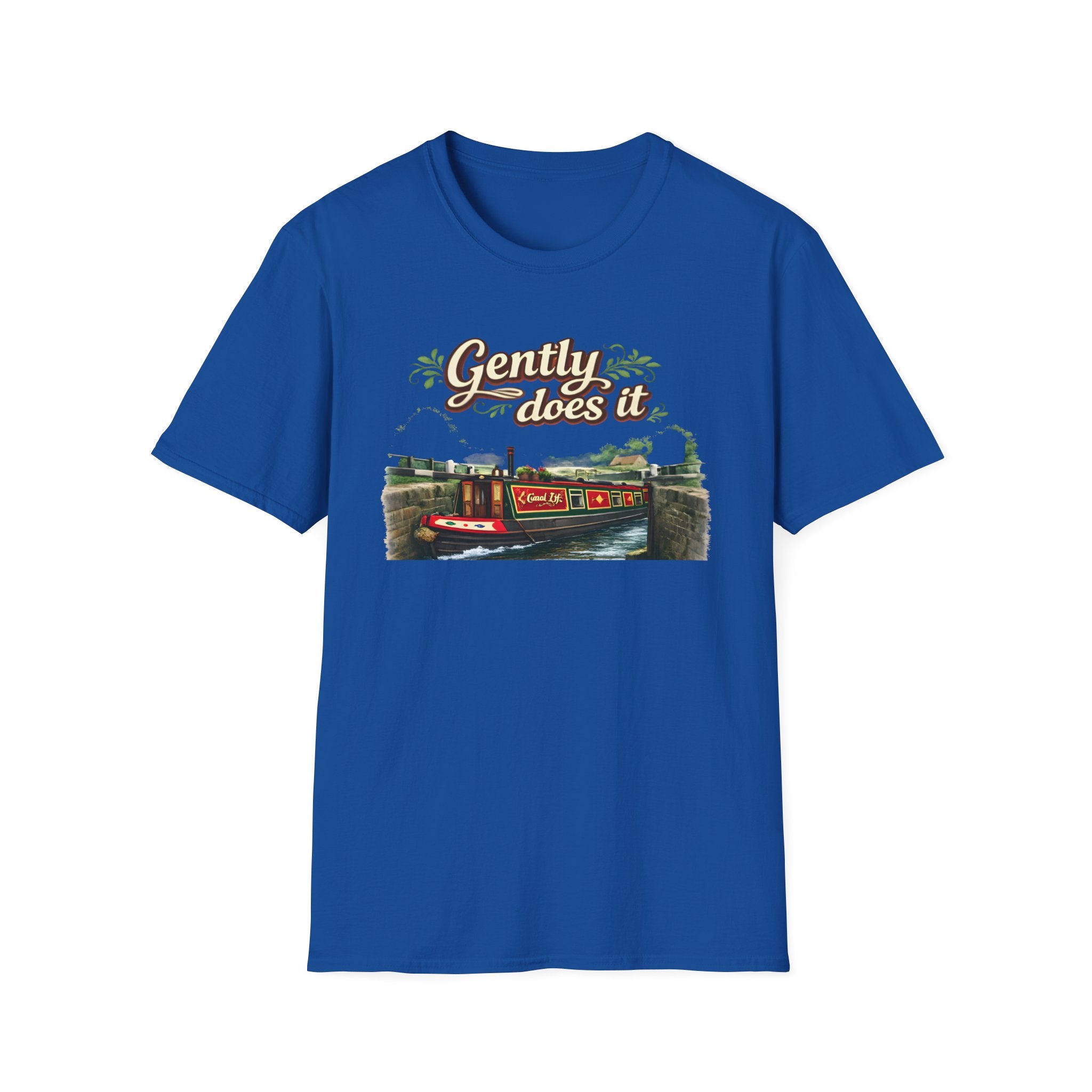 T-Shirt — "Gently Does It" Canal Boat Vintage Travel Tee Printify