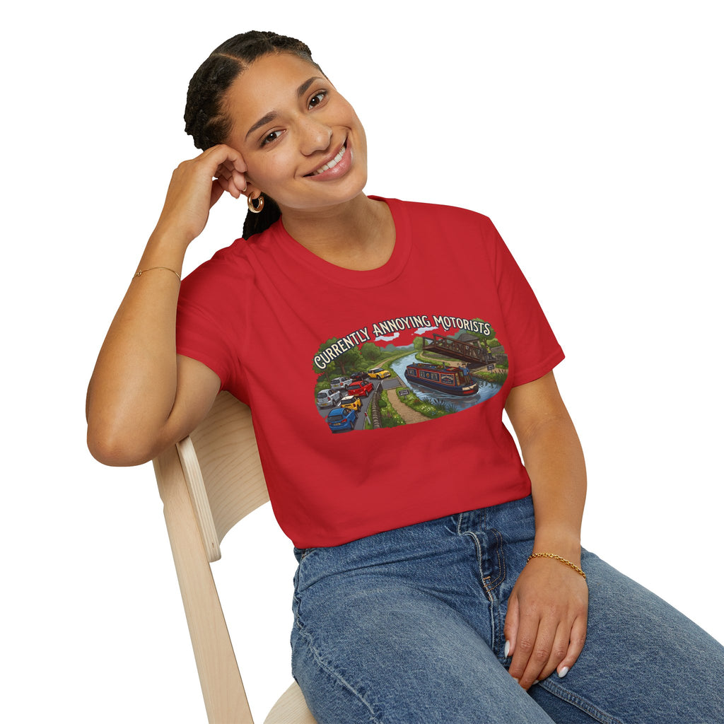 Canal Narrowboat Swing Bridge Print – “Currently Annoying Motorists” Humorous Boat T Shirt 