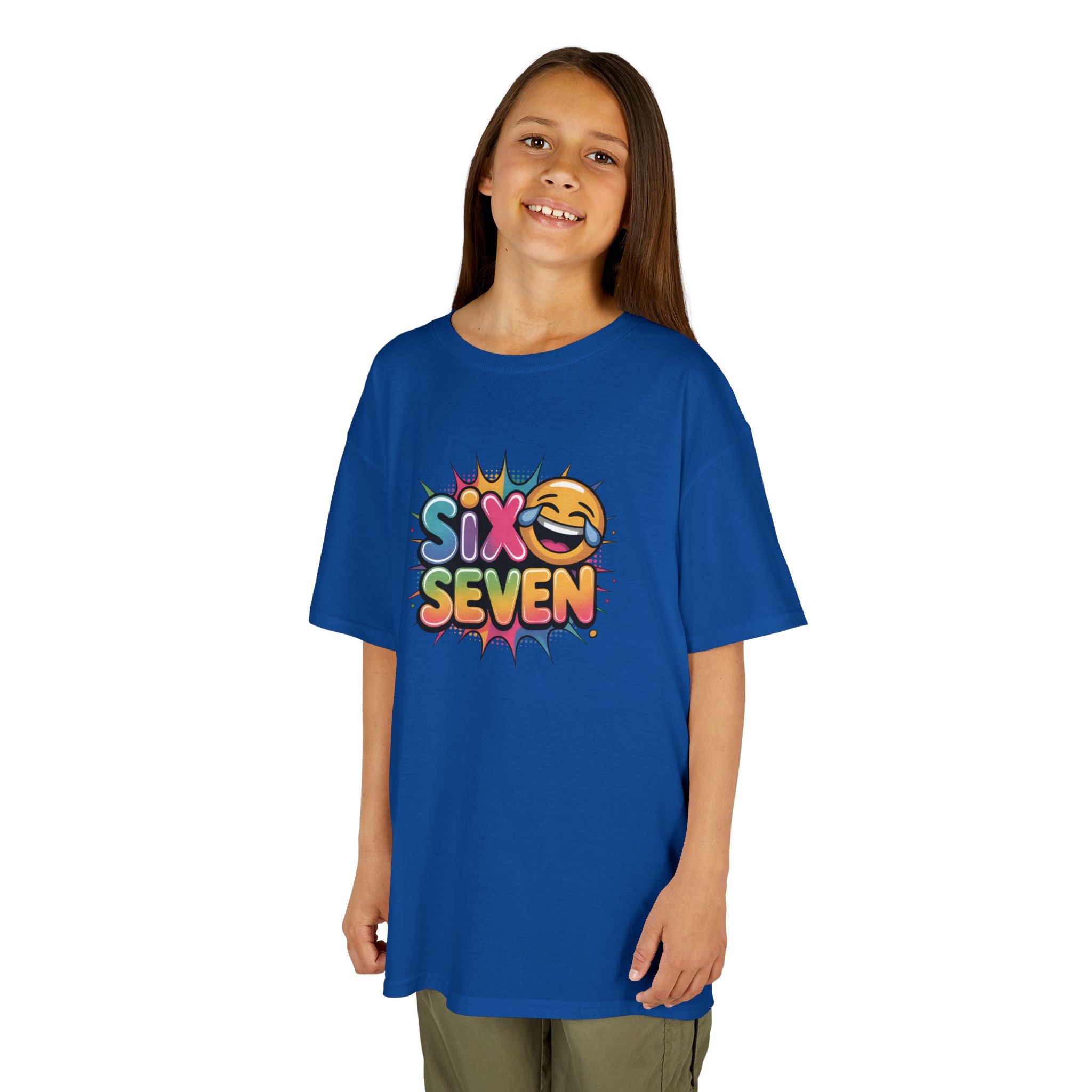 Child wearing a blue t-shirt with 'Six Seven' logo on a white background
