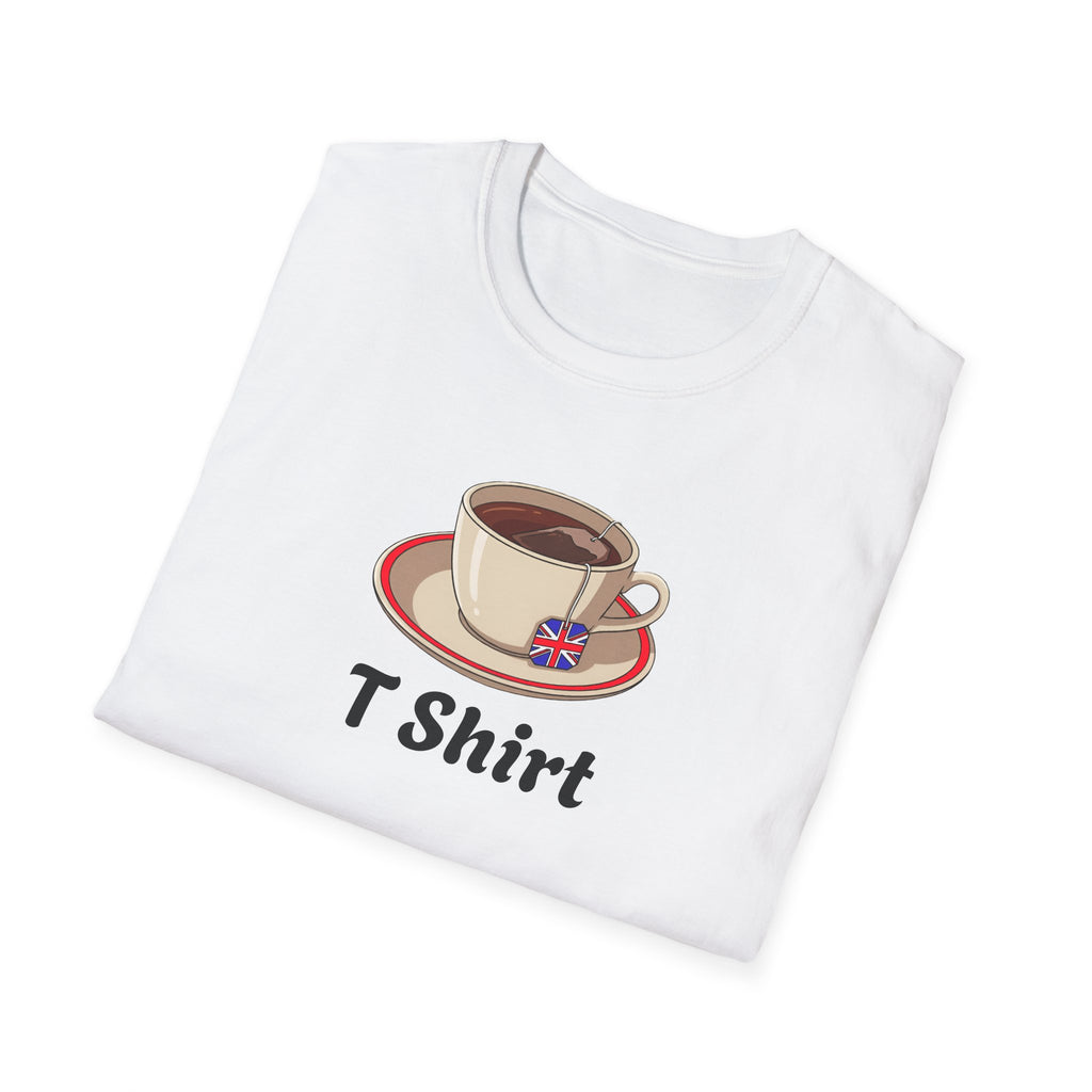  Folded White t-shirt with a cup of tea design and 'T-Shirt' text on a white background