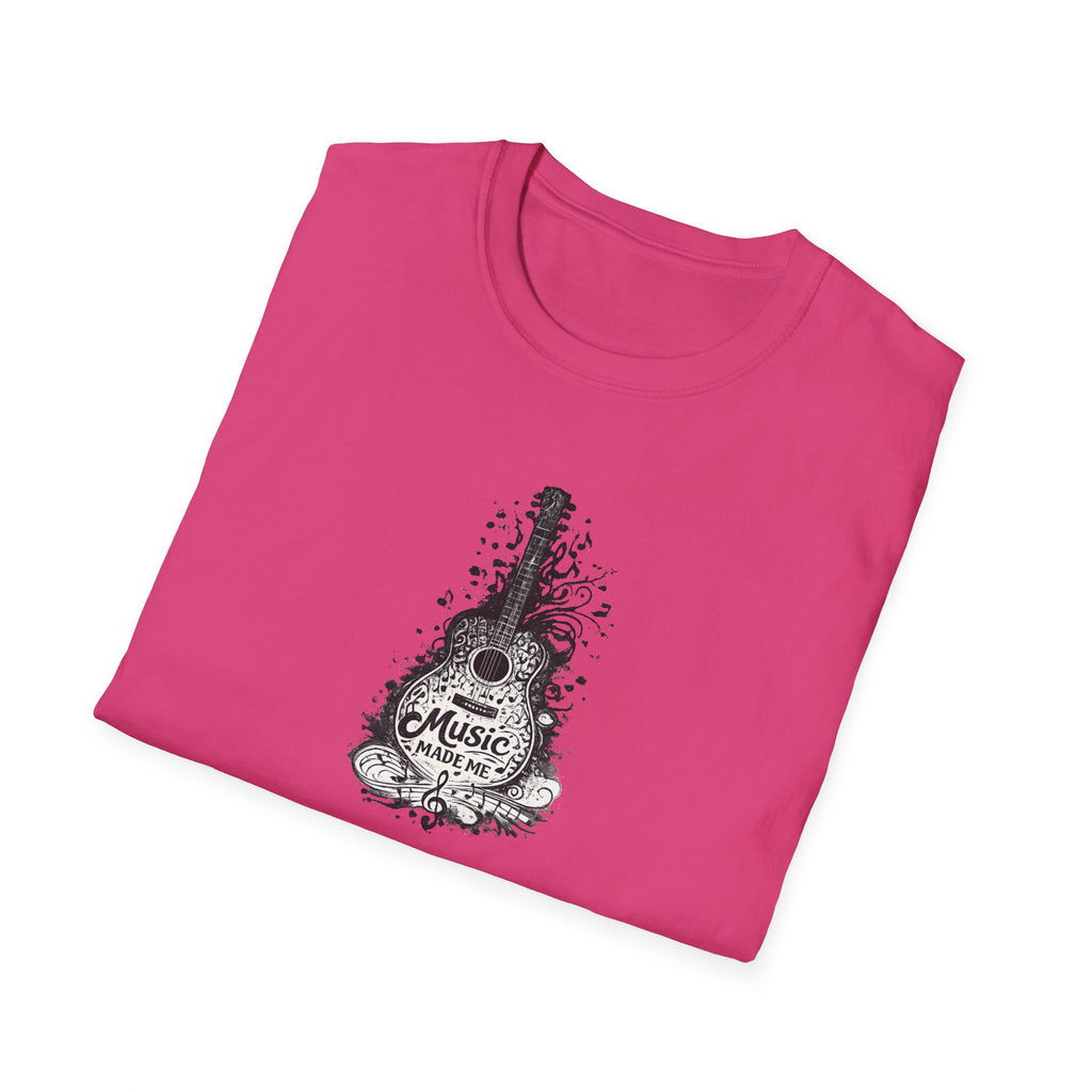 Pink t-shirt with a black and white guitar graphic and 'Music Made Me' text on a white background