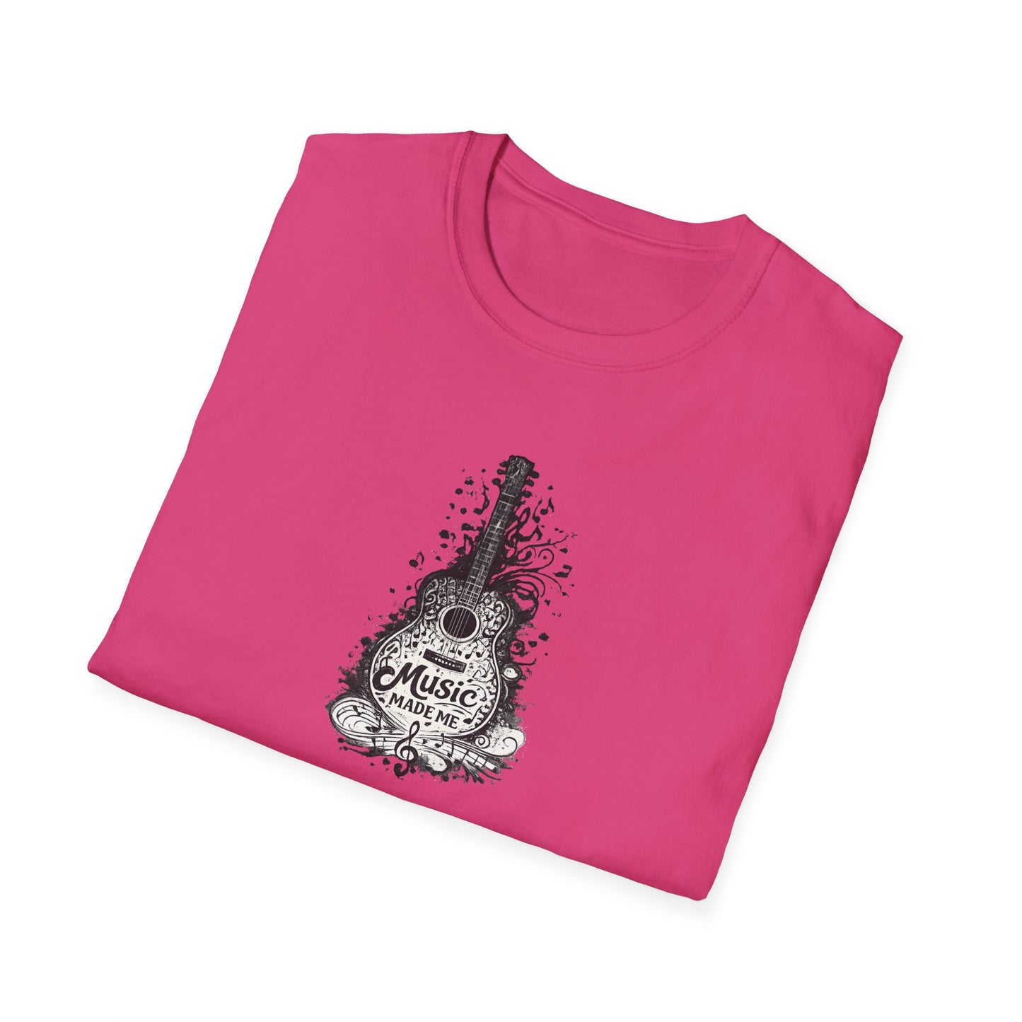 Pink t-shirt with a black and white guitar graphic and 'Music Made Me' text on a white background