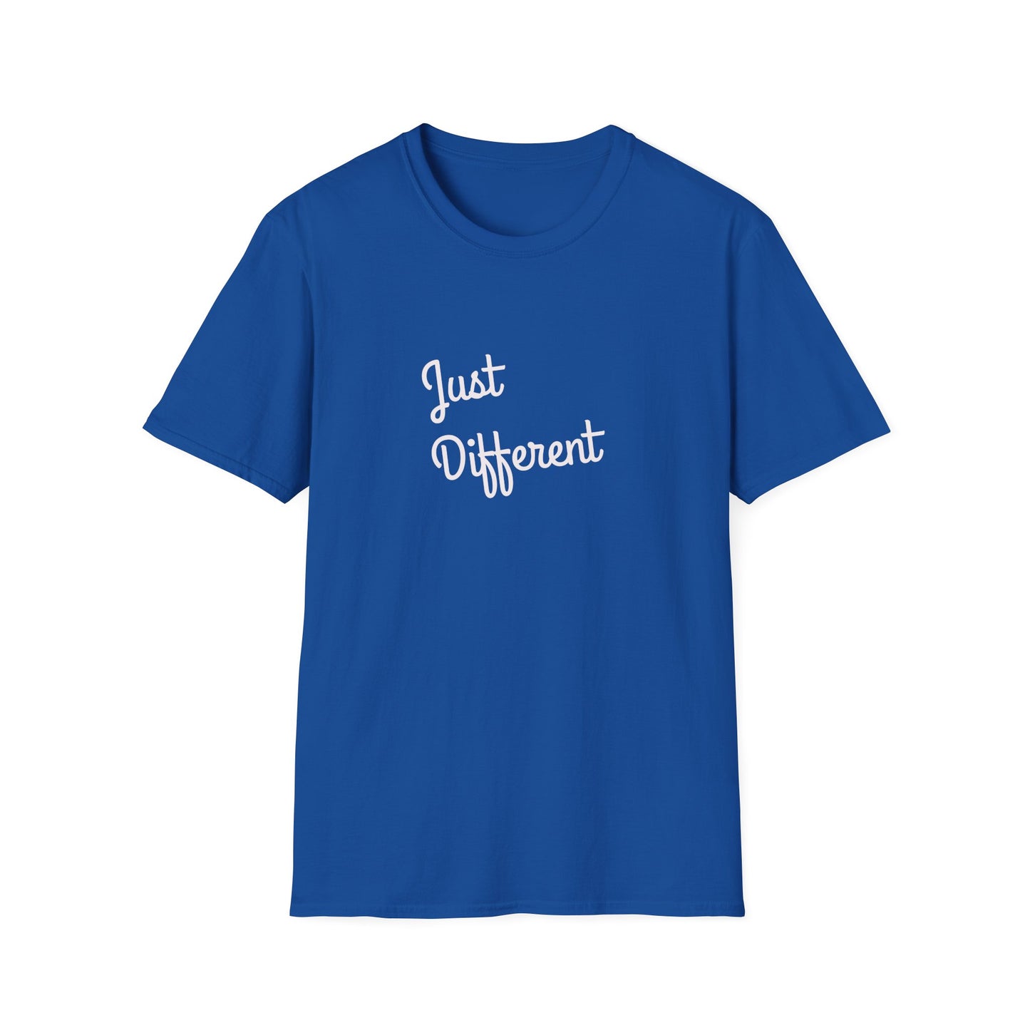 Blue t-shirt with 'Just Different' text on a white background