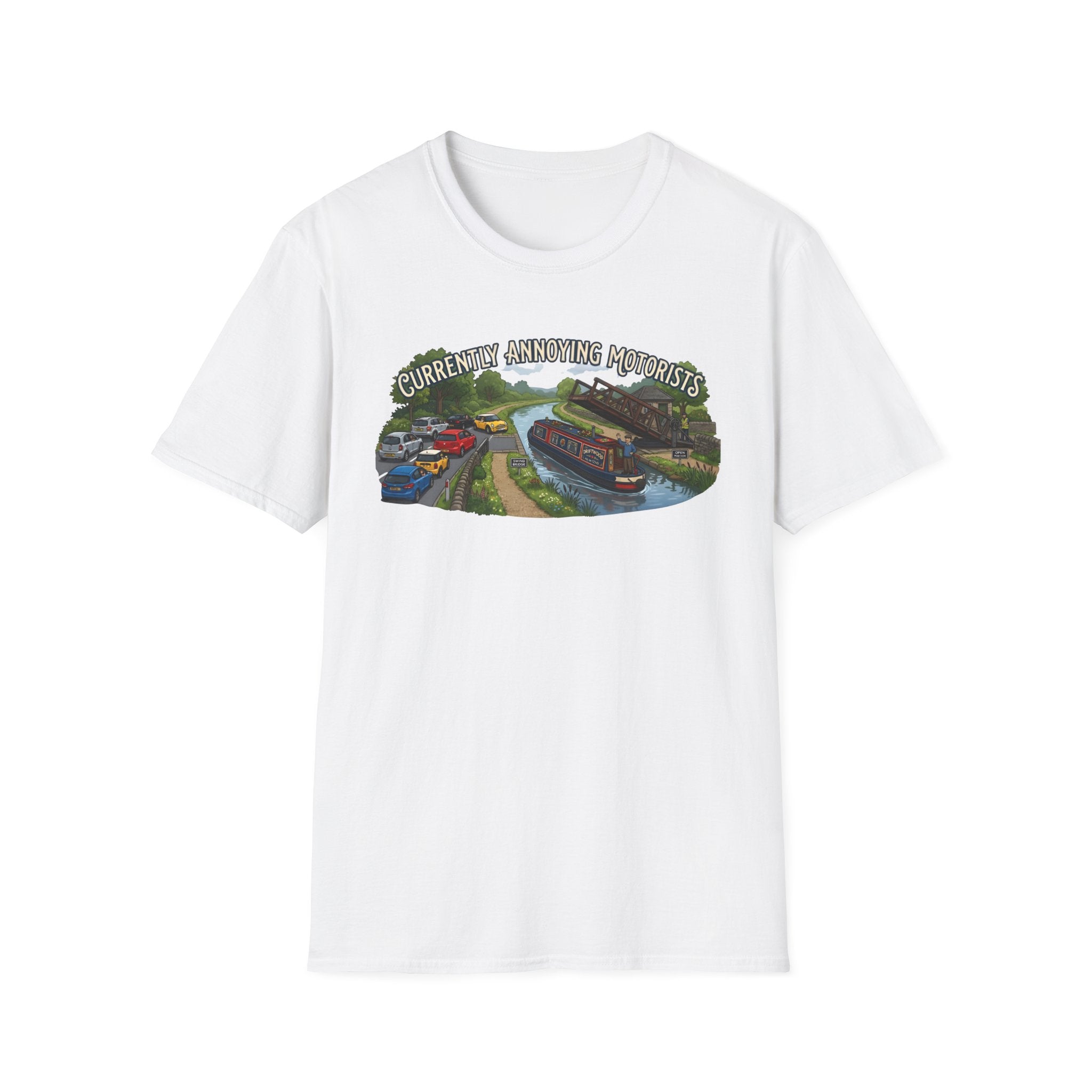 Canal Narrowboat Swing Bridge Print – “Currently Annoying Motorists” Humorous Boat T Shirt 