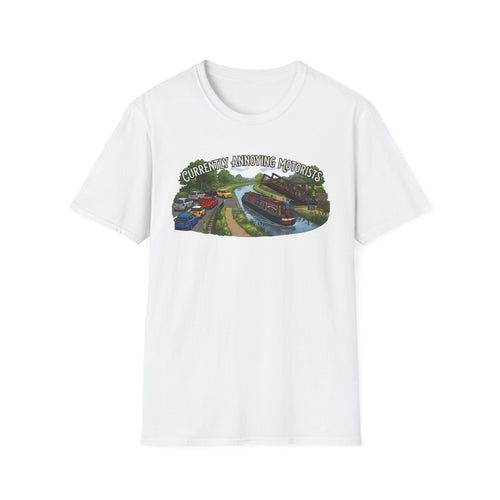 Canal Narrowboat Swing Bridge Print – “Currently Annoying Motorists” Humorous Boat T Shirt 