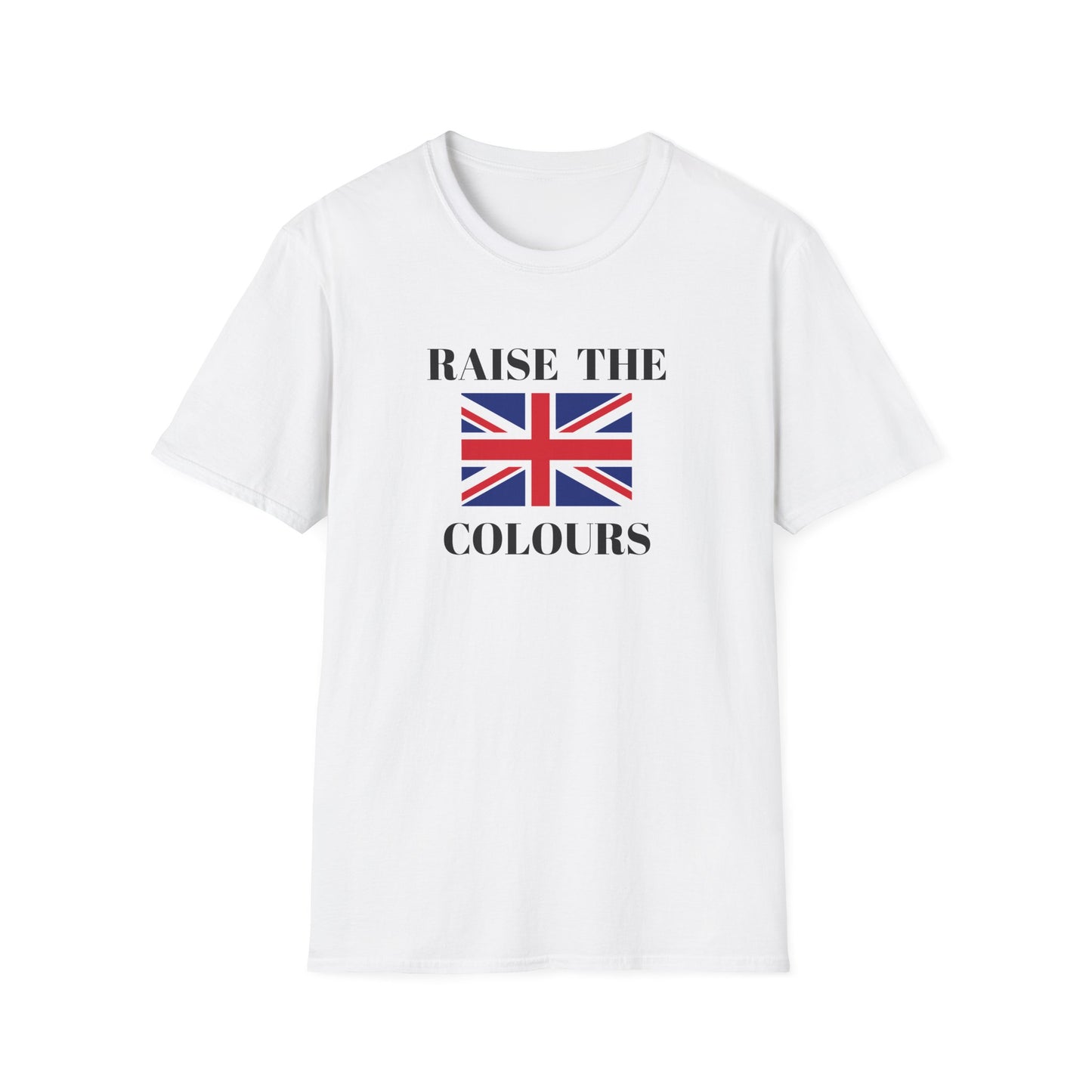 White t shirt with Union Jack and raise the colours message