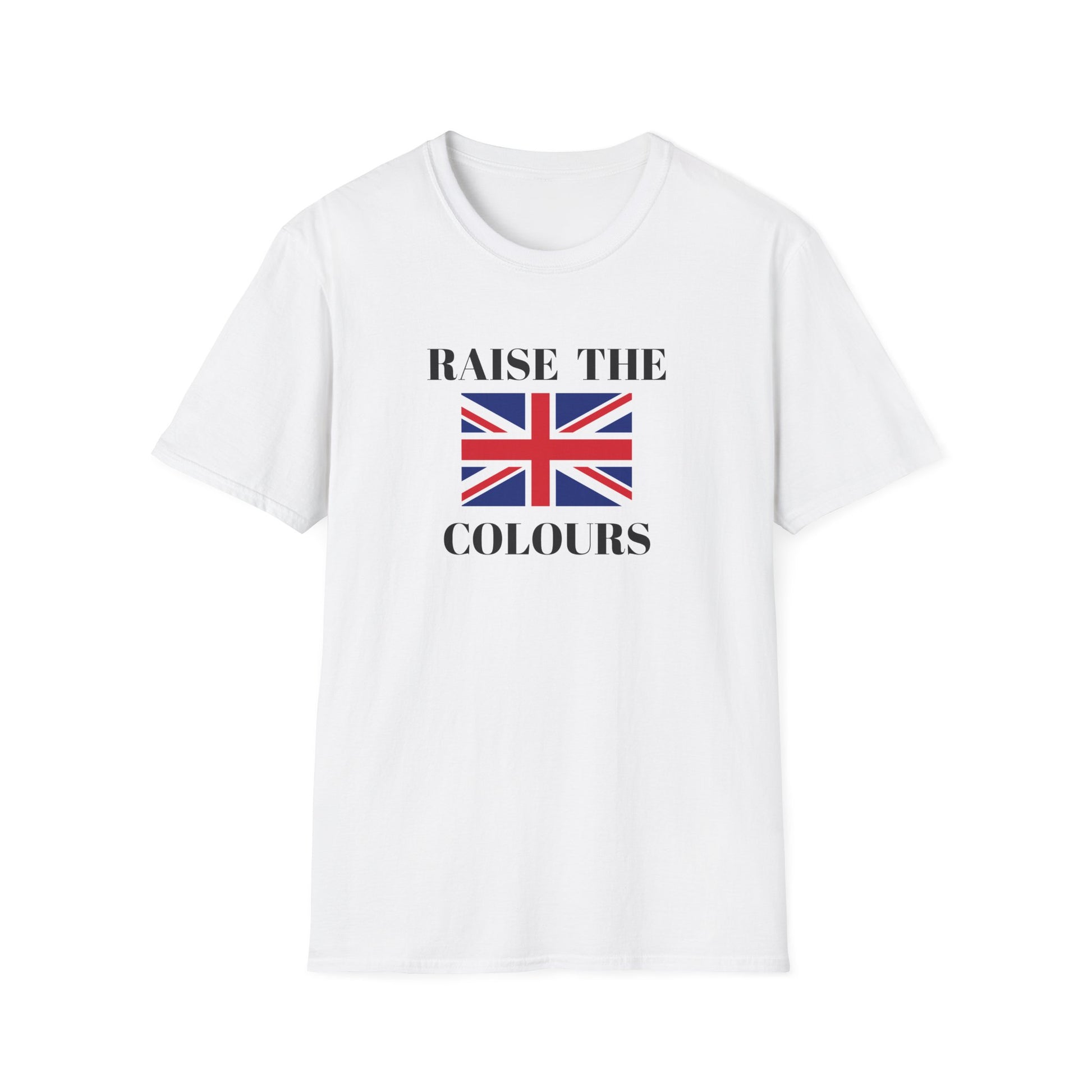White t shirt with Union Jack and raise the colours message