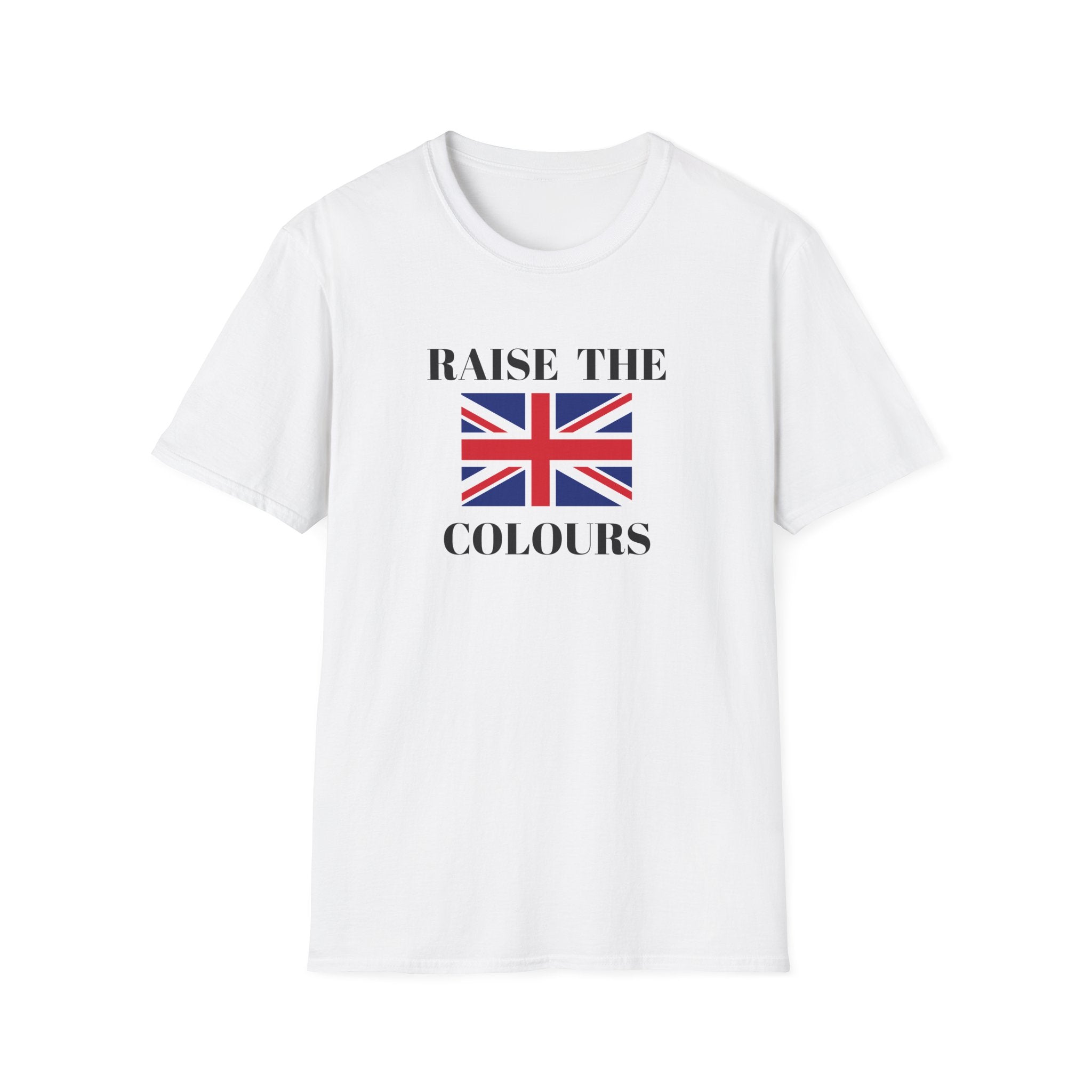 White t shirt with Union Jack and raise the colours message