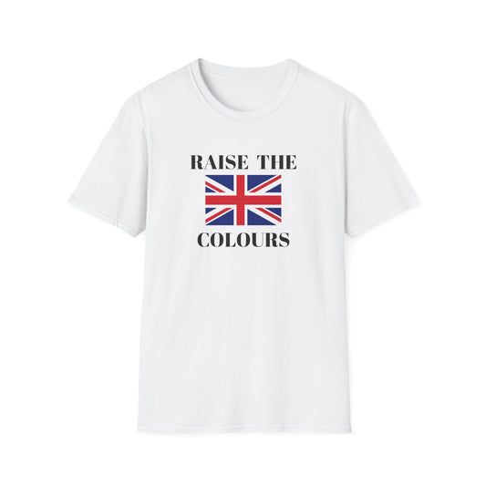 White t shirt with Union Jack and raise the colours message