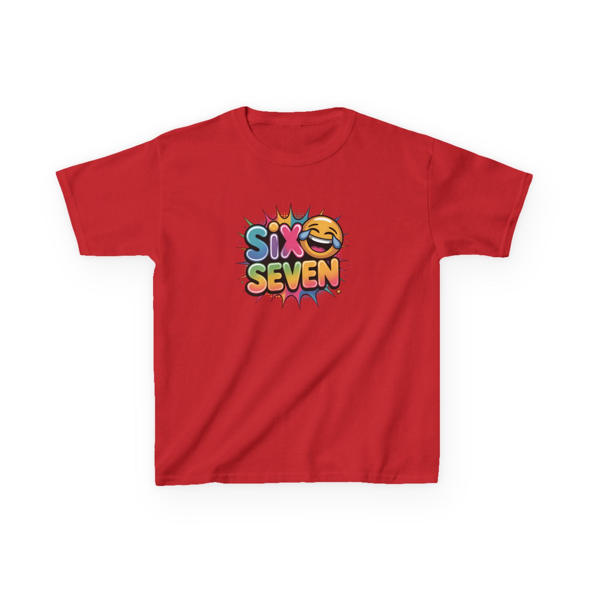 Red t-shirt with 'Six Seven' colorful design on a white background