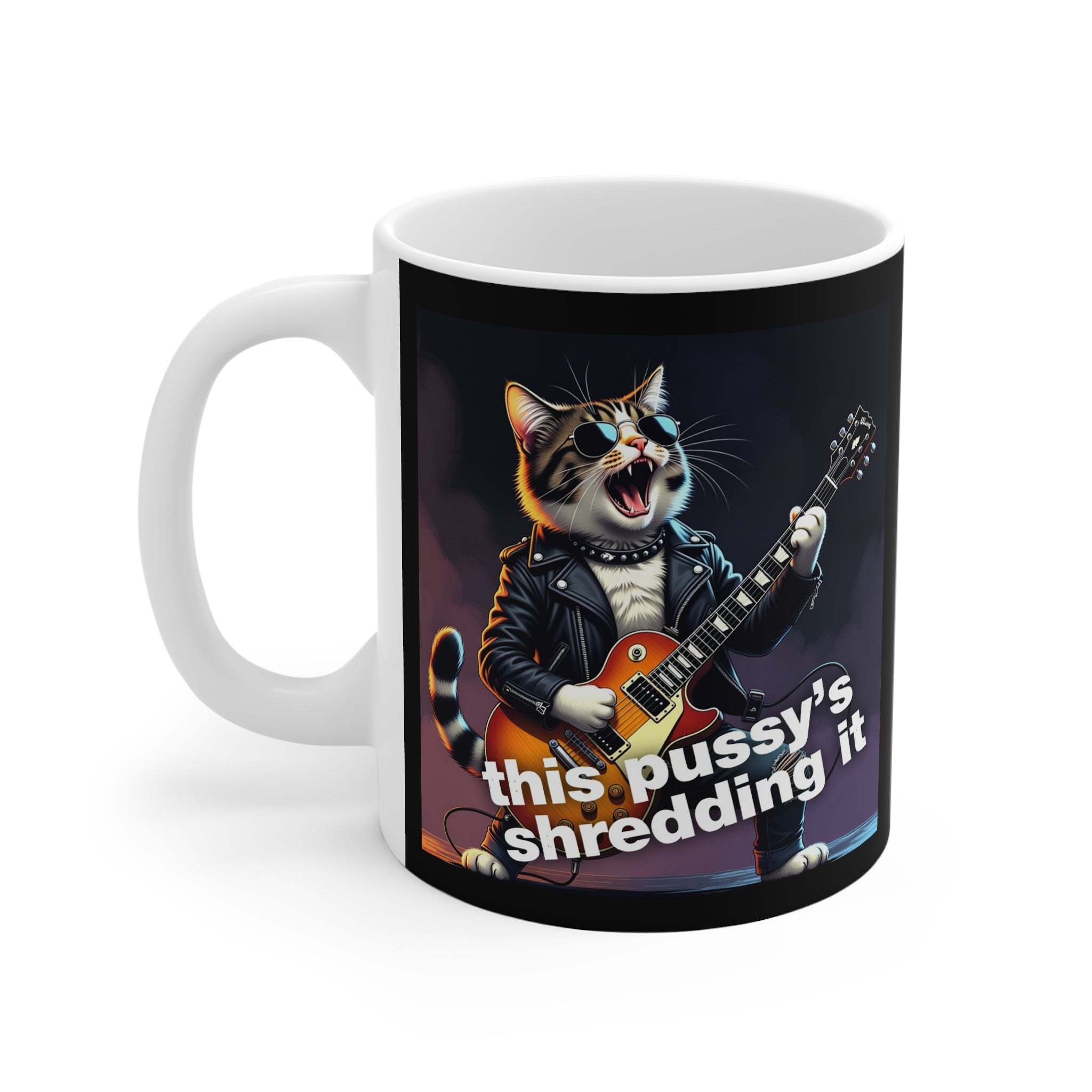Rock Cat Guitar Mug — "This Pussy's Shredding It" 11oz Coffee Cup 