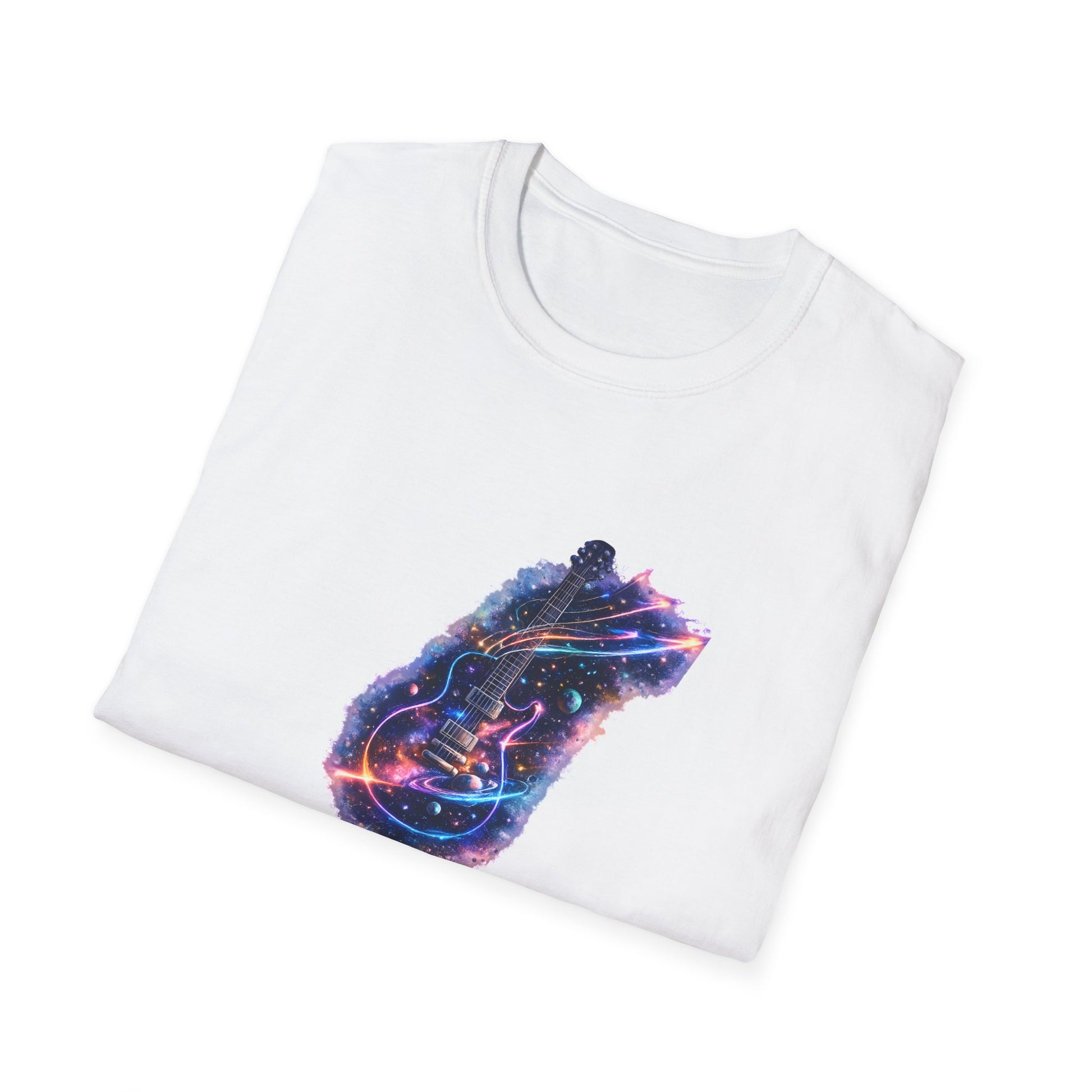 Cosmic guitar design with galaxy planets stars and neon shooting star strings for music lover t shirt