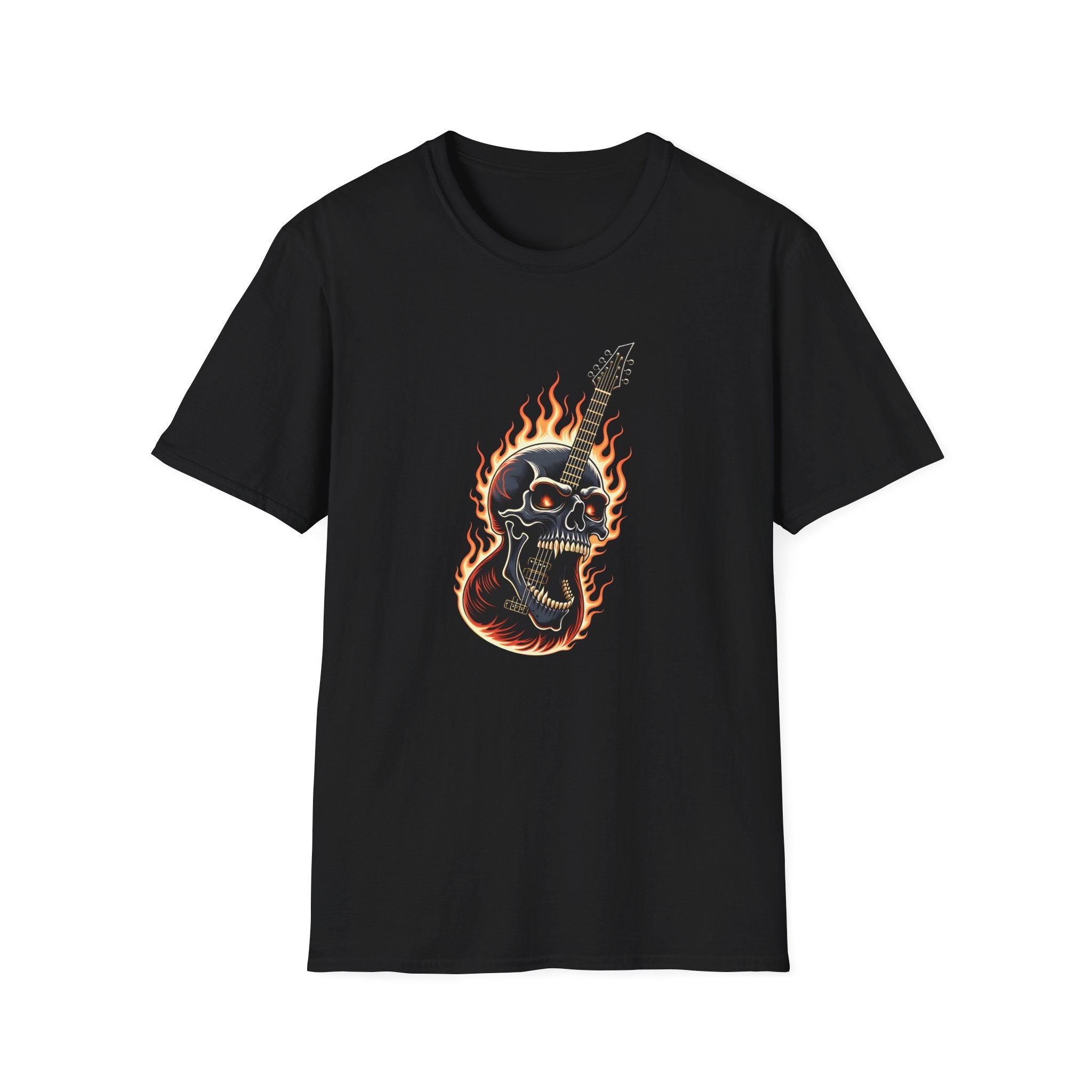 Black t-shirt with a guitar and skull design on fire, on a white background
