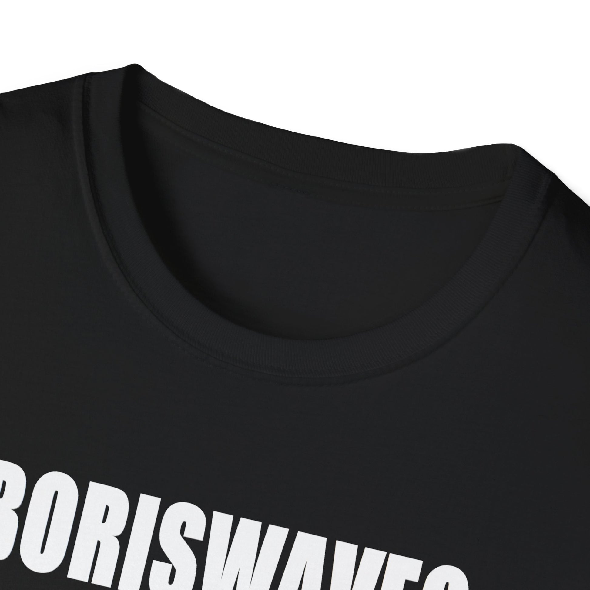 COLLAR VIEW Black t-shirt with white text 'BORISWAVES' on a white background