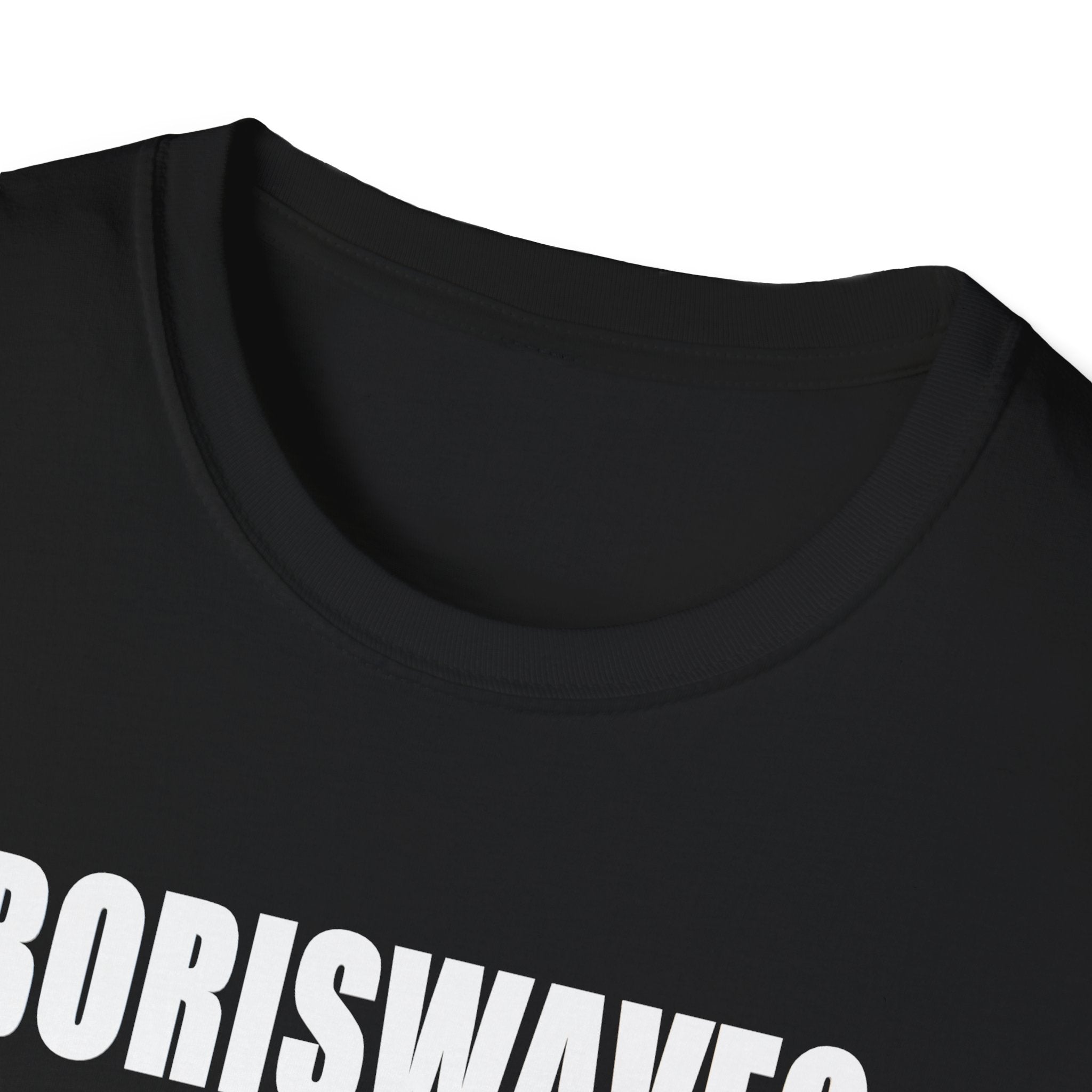 COLLAR VIEW Black t-shirt with white text 'BORISWAVES' on a white background