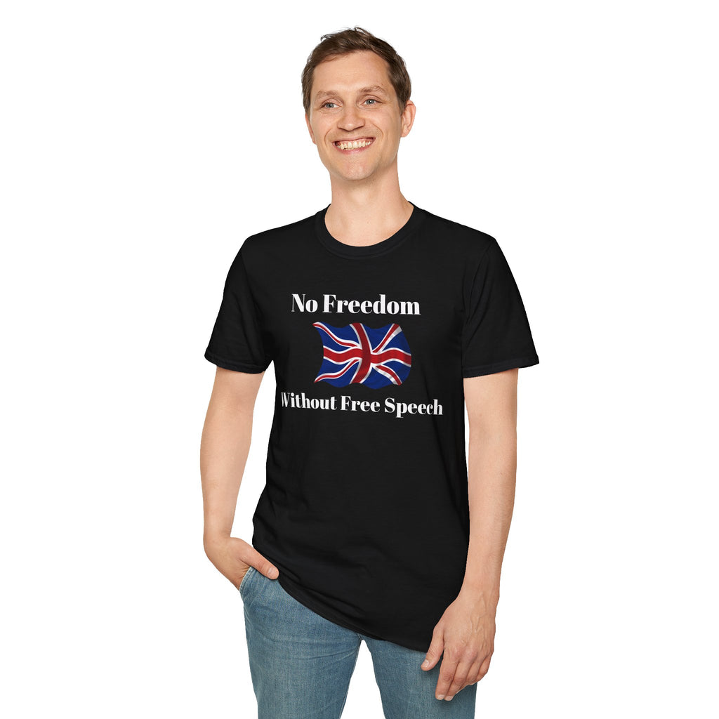 Person wearing a black t-shirt with a Union Jack design and text  without free speech no freedom on a white background