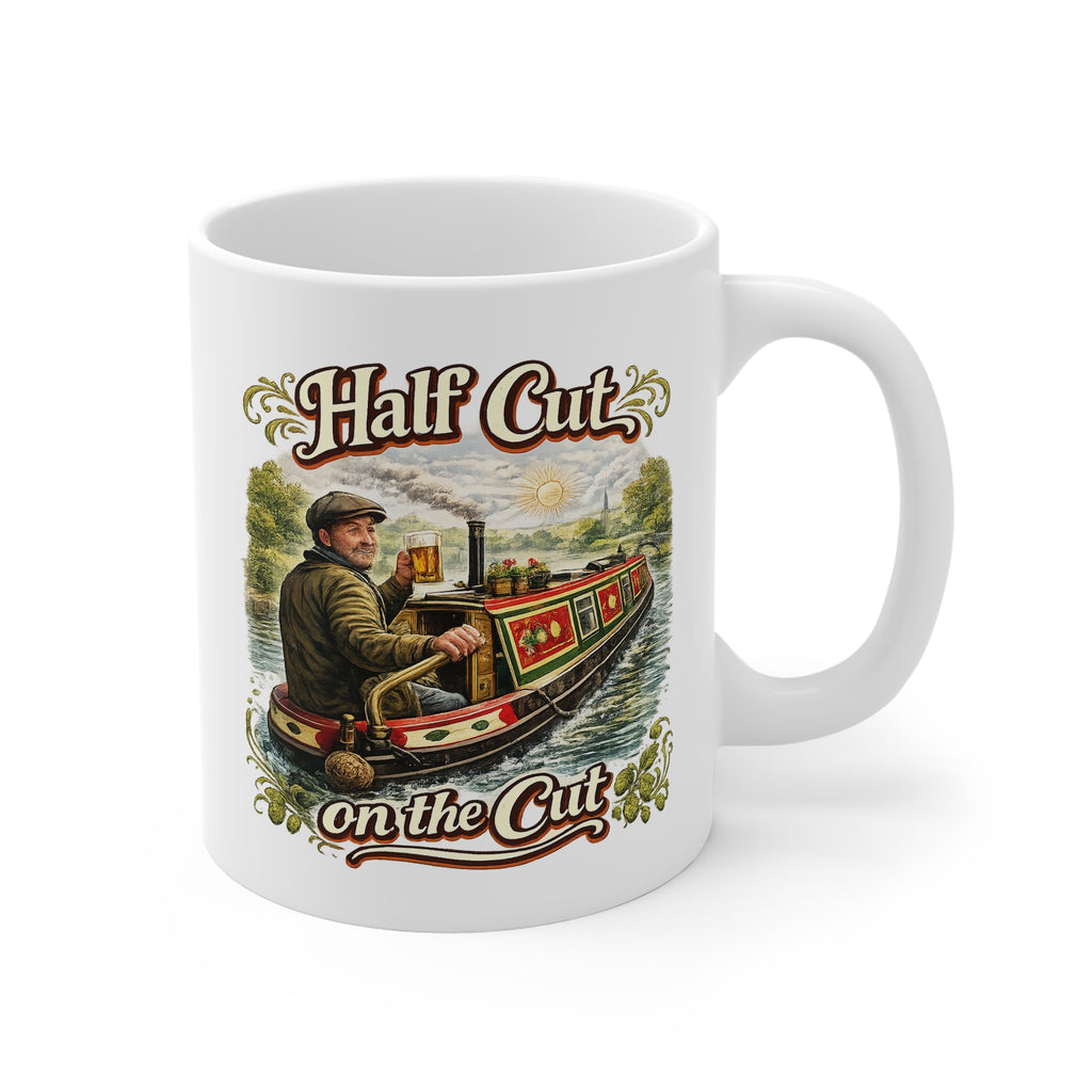 Mug with a design of a man on a boat and 'Half Cut on the Cut' text.