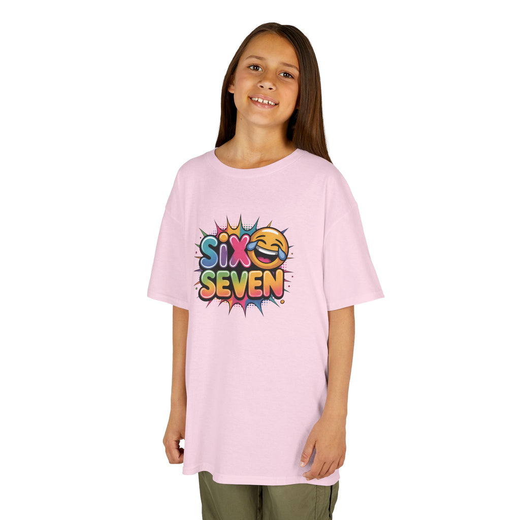 Girl wearing a pink t-shirt with 'Six Seven' logo on a white background