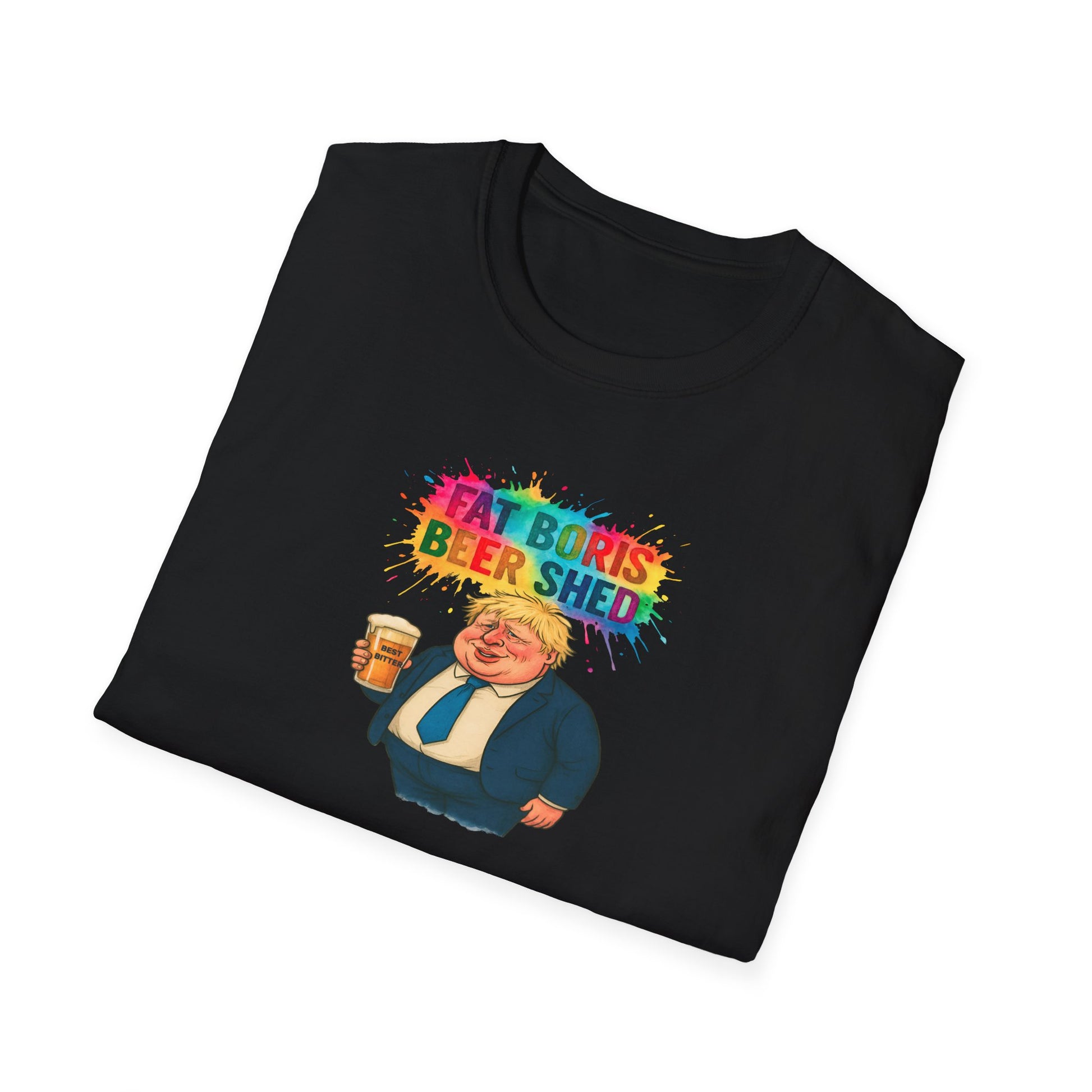 Folded Black t-shirt with colourful  fat boris graphic and text on a white background