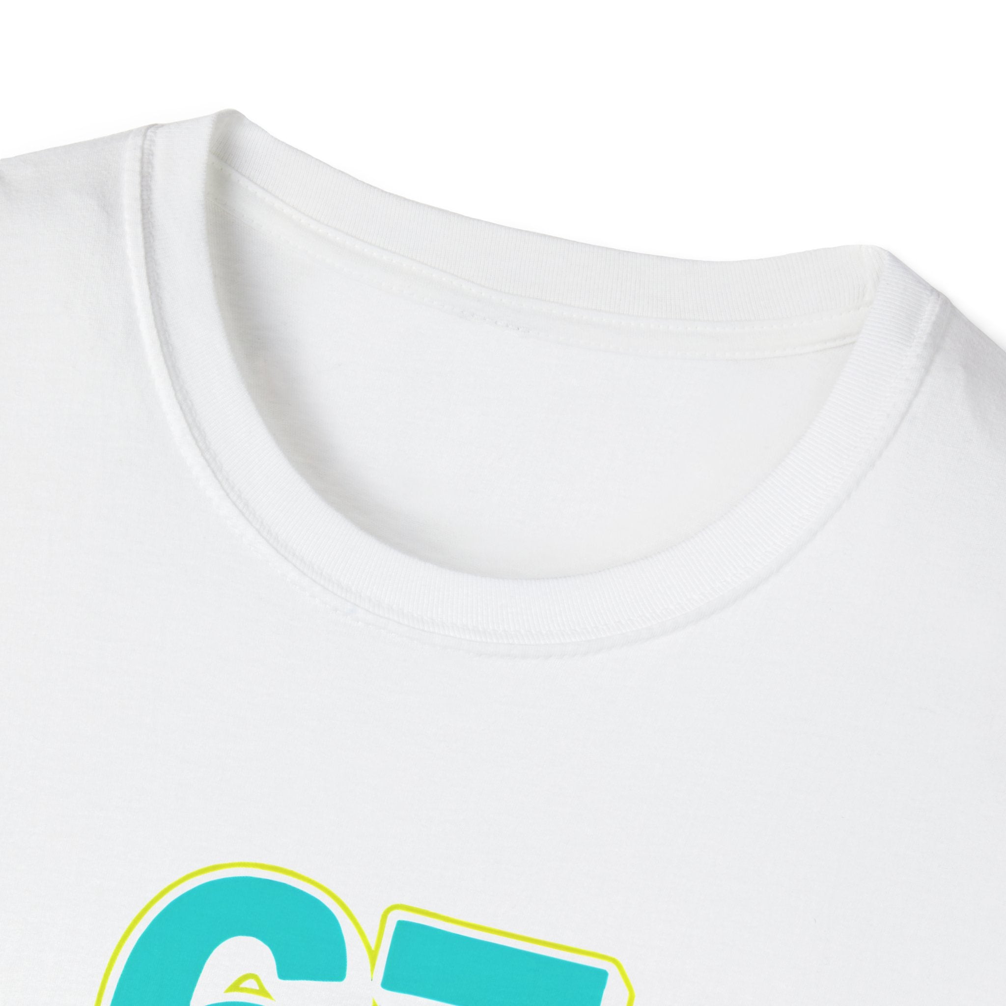 White t-shirt with a turquoise and yellow logo on a white background