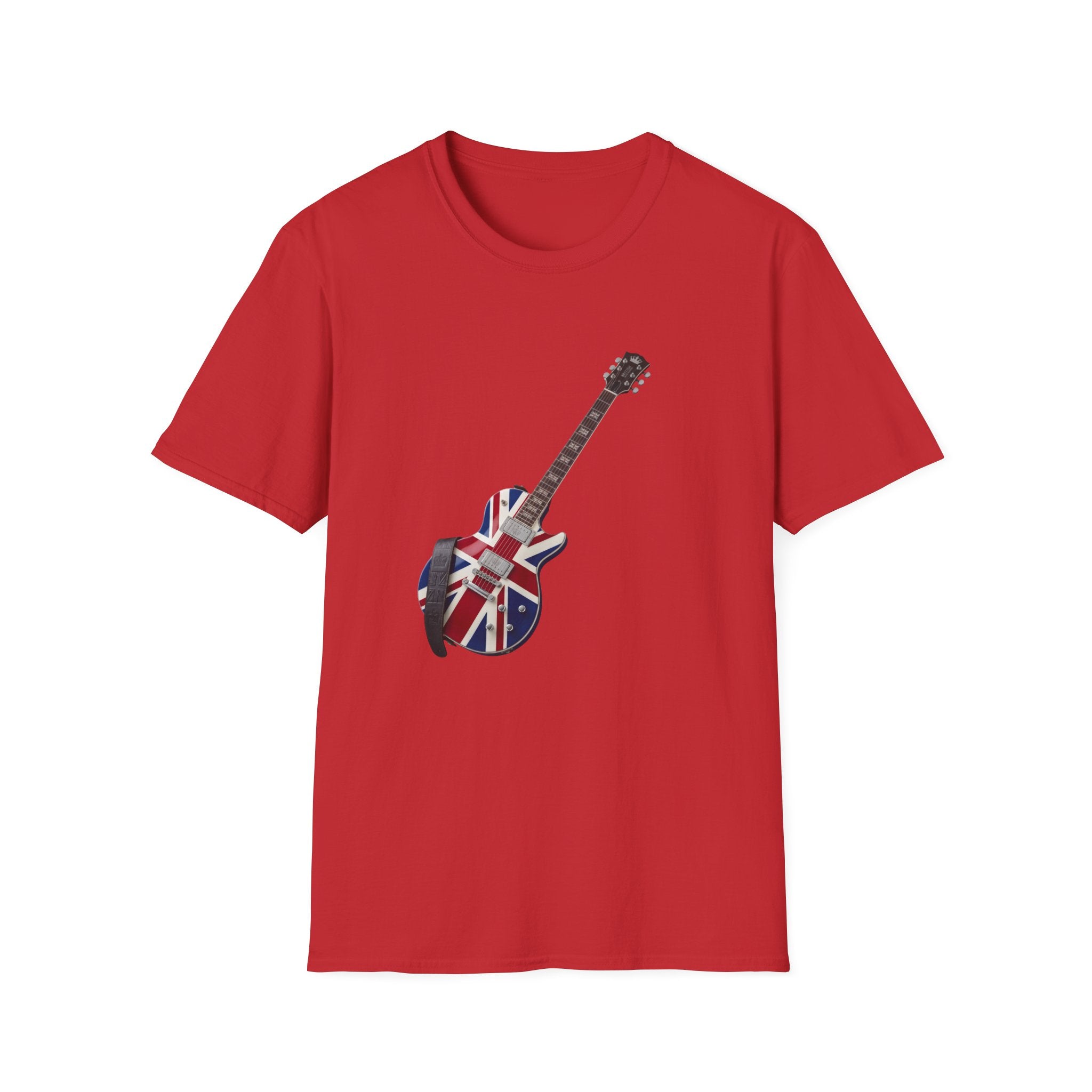 Red t-shirt with a guitar design featuring the Union Jack on a white background