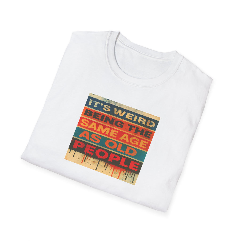 White t-shirt with colorful graphic and text on a white background