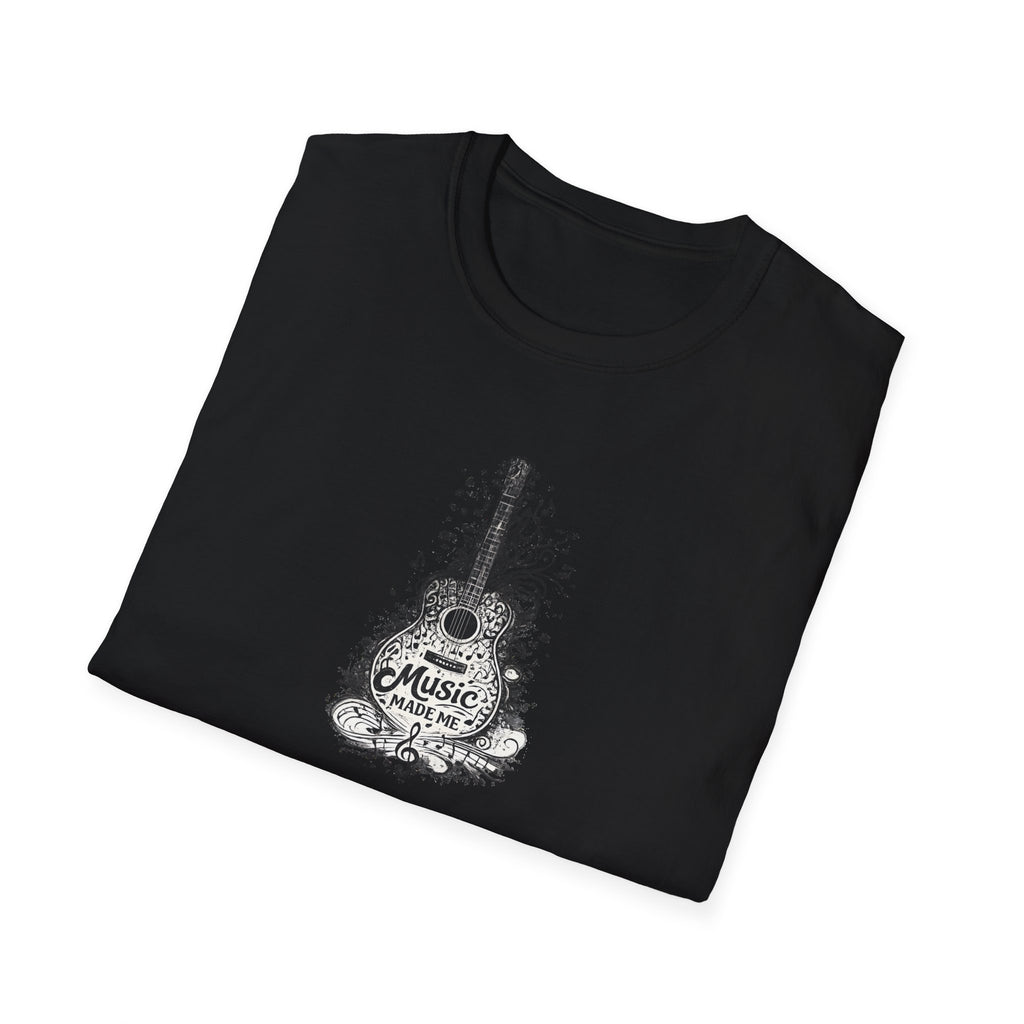 Black t-shirt with a guitar and 'Music Made Me' design on a white background