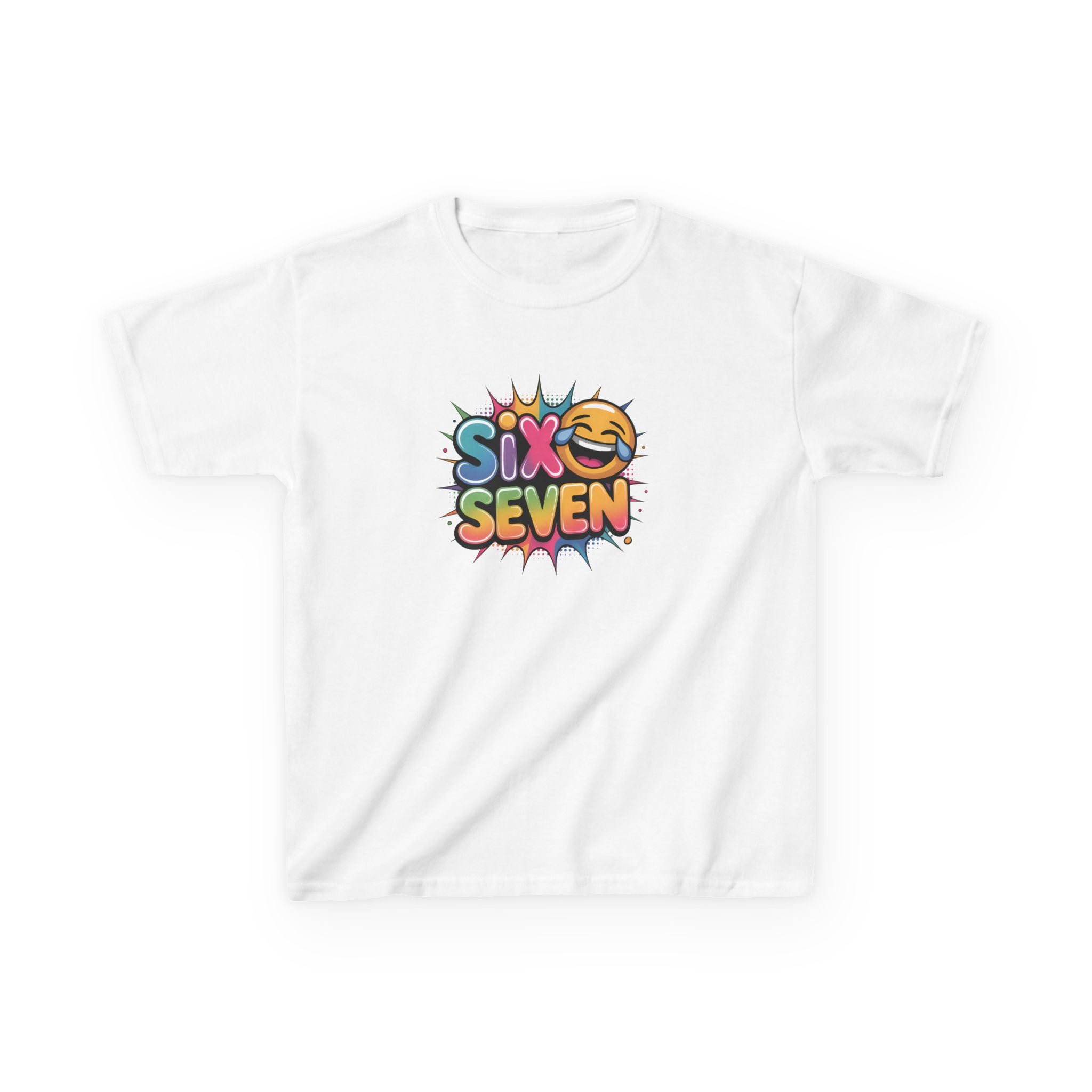 White t-shirt with colorful 'Six Seven' design on a white background