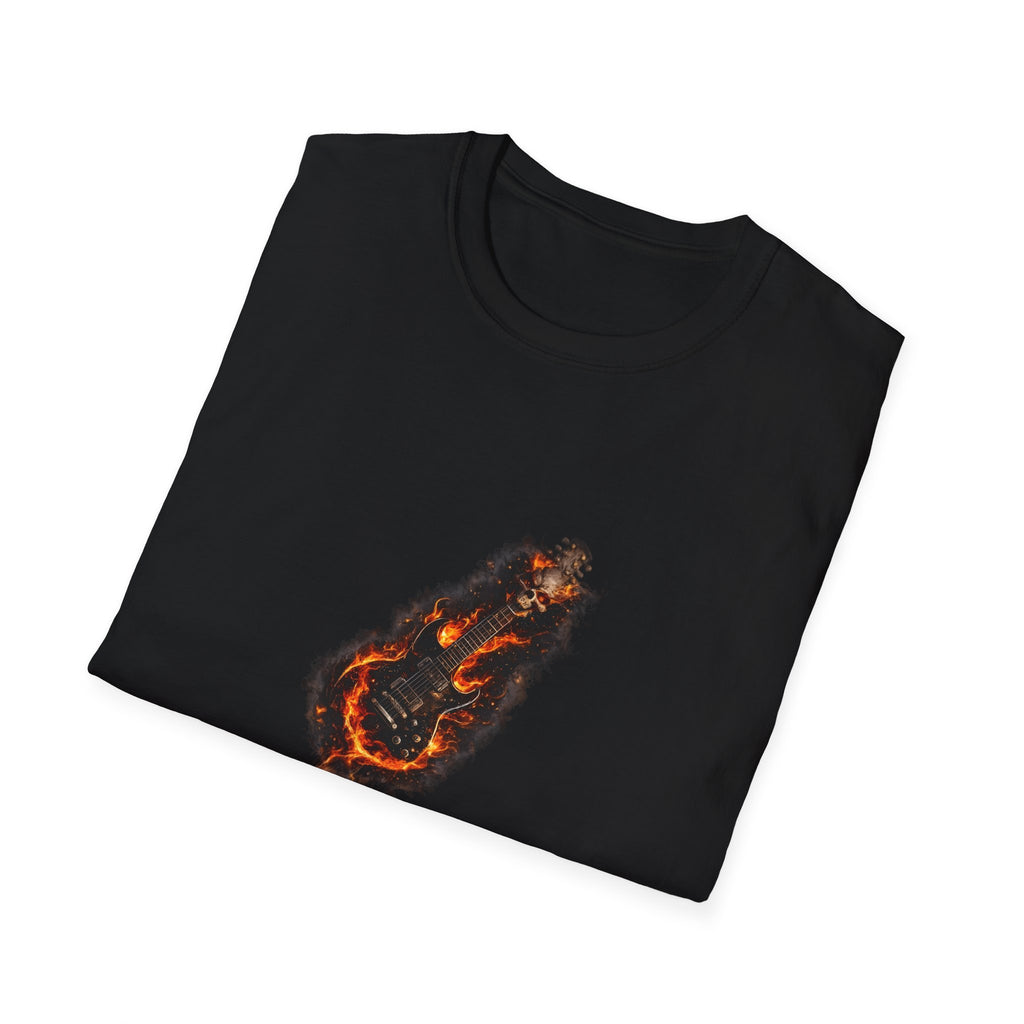 Flaming skull guitar heavy metal design with fire flames wrapping around electric guitar body