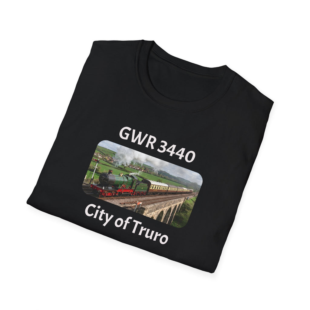 Black sweatshirt with a graphic of a steam train and text 'GWR 3440 City of Truro' on a white background