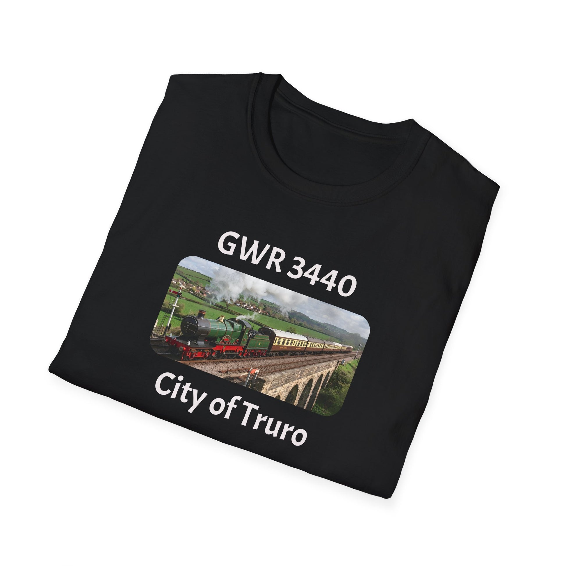 Black sweatshirt with a graphic of a steam train and text 'GWR 3440 City of Truro' on a white background