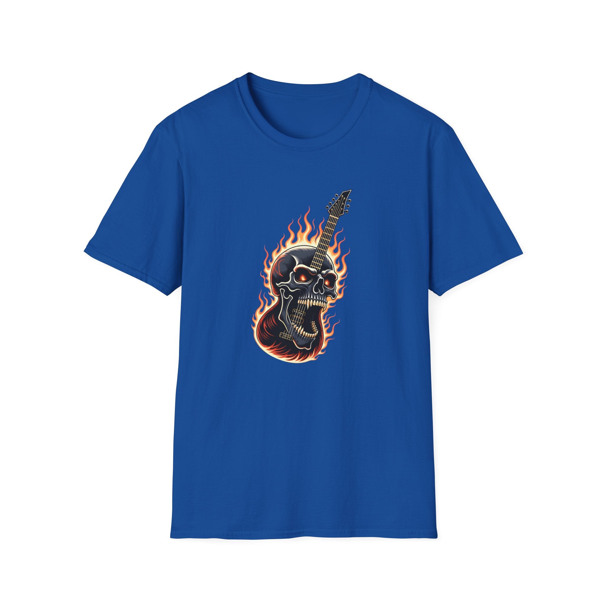 Blue t-shirt with a guitar and skull design on a white background
