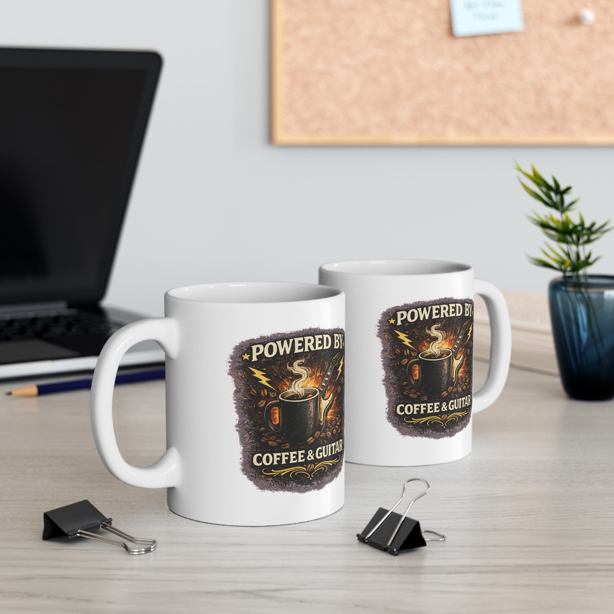 Powered By Coffee & Guitar Mug | Funny Guitar Player Coffee Mug | Musician Gift | Fat Boris Printify