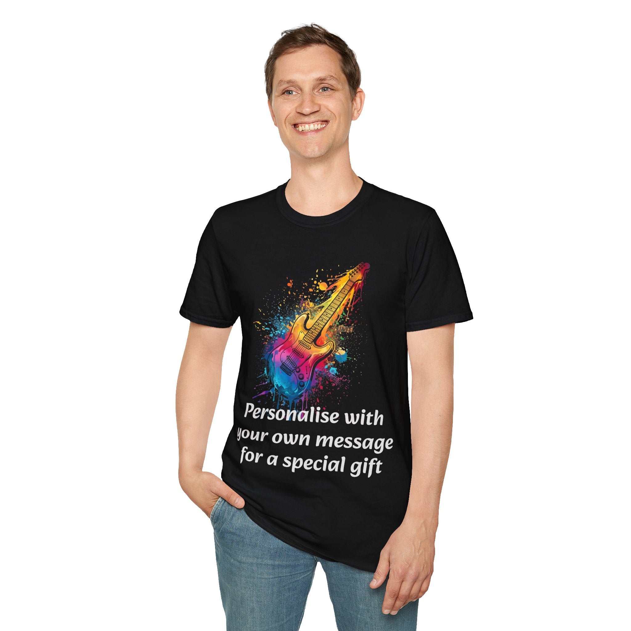 Personalised Colourful  Guitar  DESIGN T-Shirt — Custom Message Music Tee 