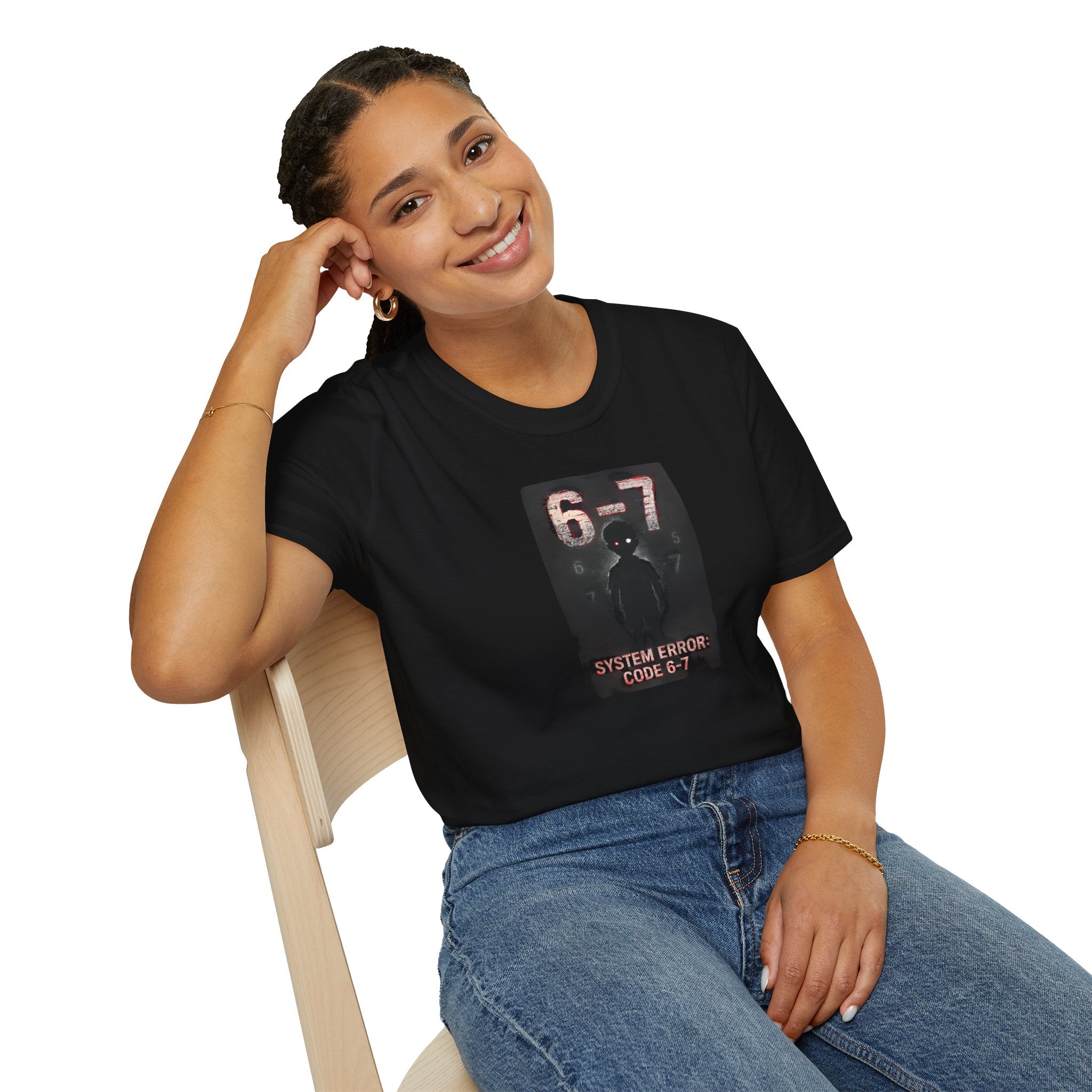 WOMAN WEARING "Black t-shirt with System Error Code 6-7 dark aesthetic graphic design"