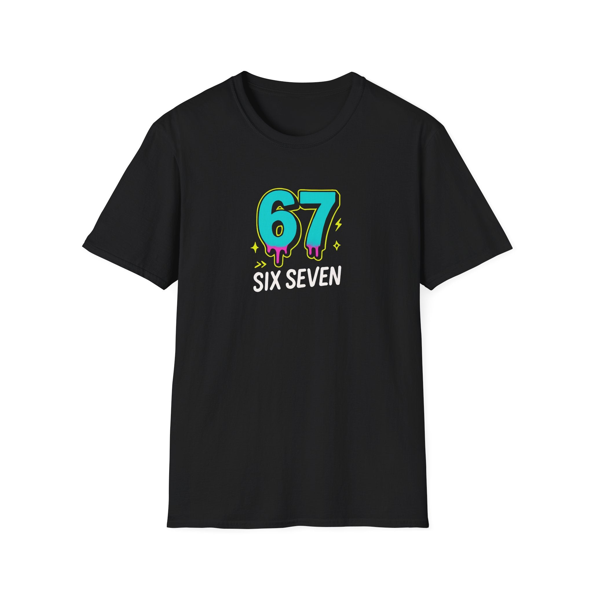 Black t-shirt with colorful '67 SIX SEVEN' design on a white background