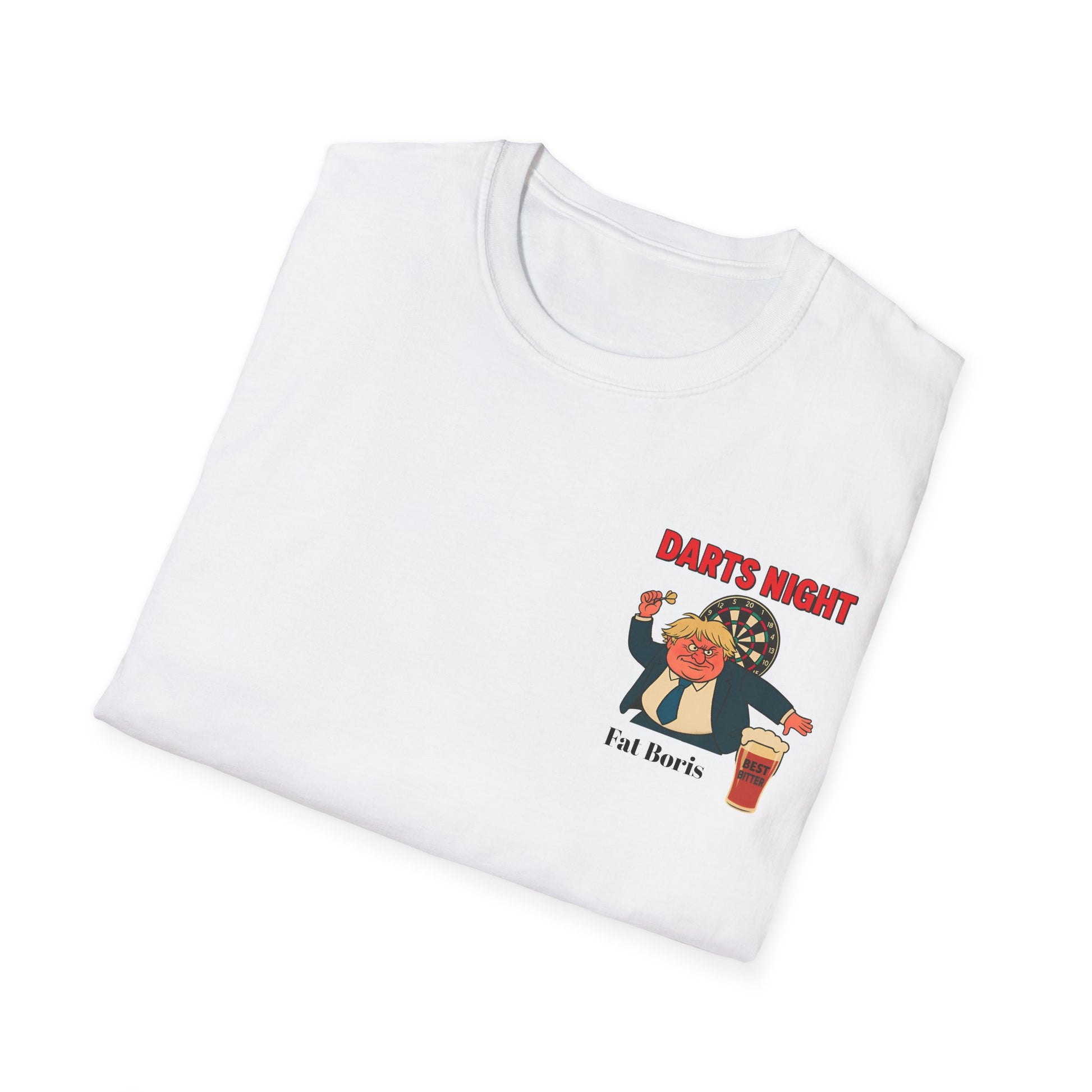 Folded White t-shirt with 'Darts Night Fat Boris' graphic on a white background