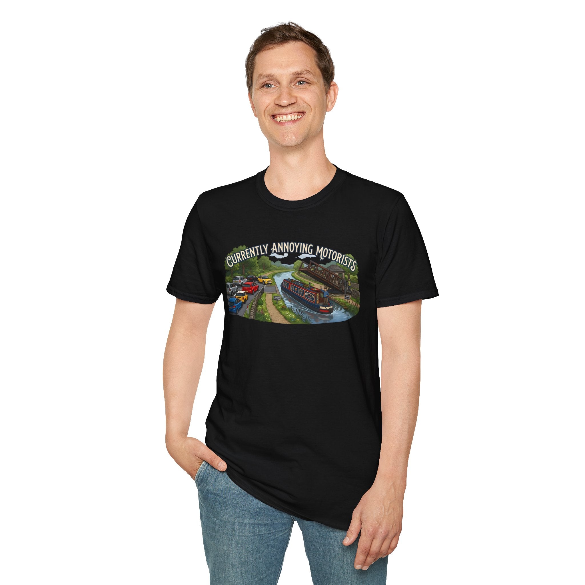 Canal Narrowboat Swing Bridge Print – “Currently Annoying Motorists” Humorous Boat T Shirt 