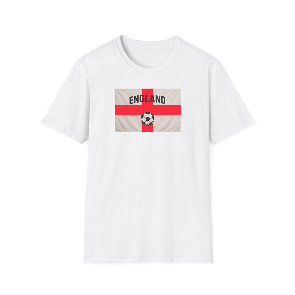 White t-shirt with England flag and soccer ball design on a white background