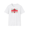 White t-shirt with England flag and soccer ball design on a white background