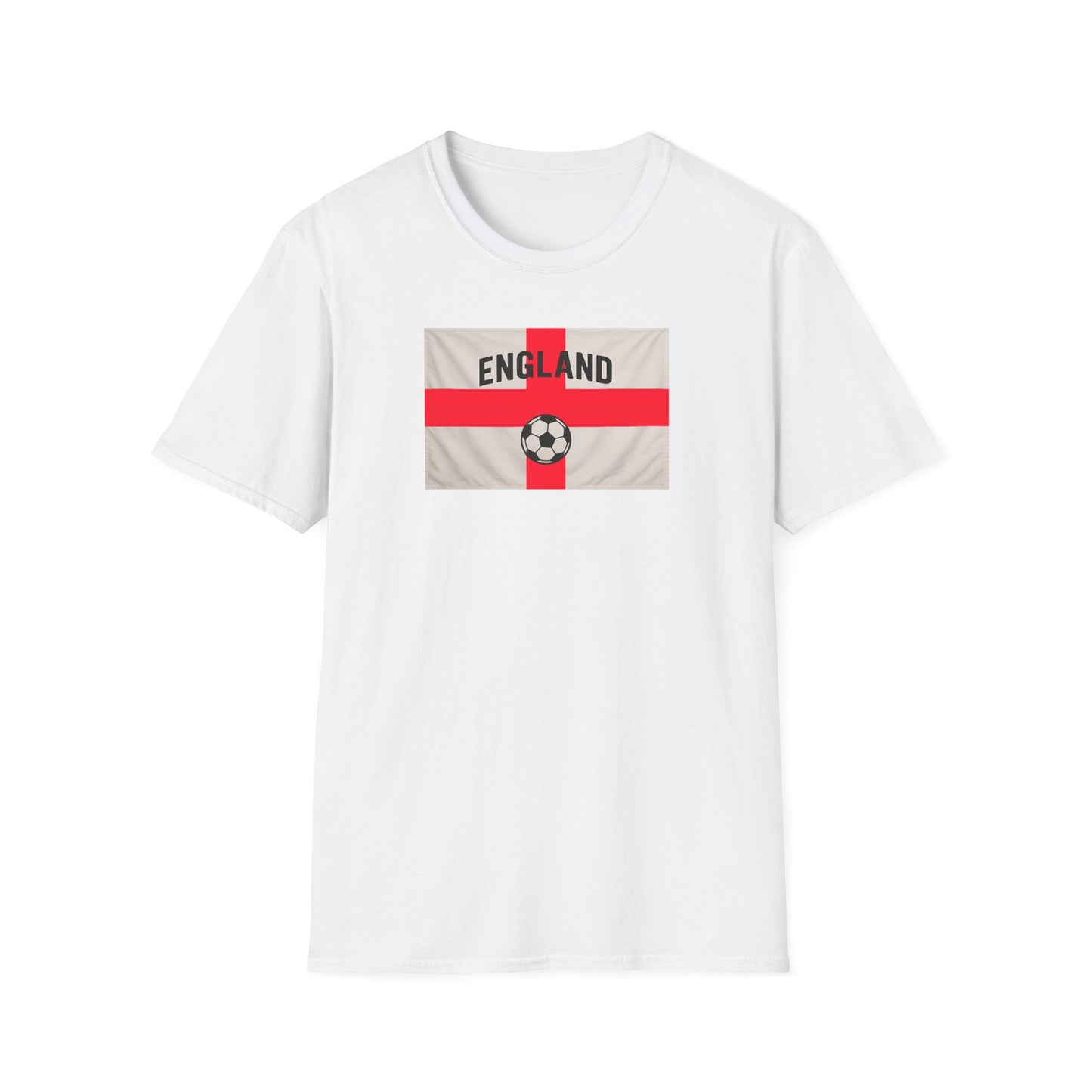 White t-shirt with England flag and soccer ball design on a white background