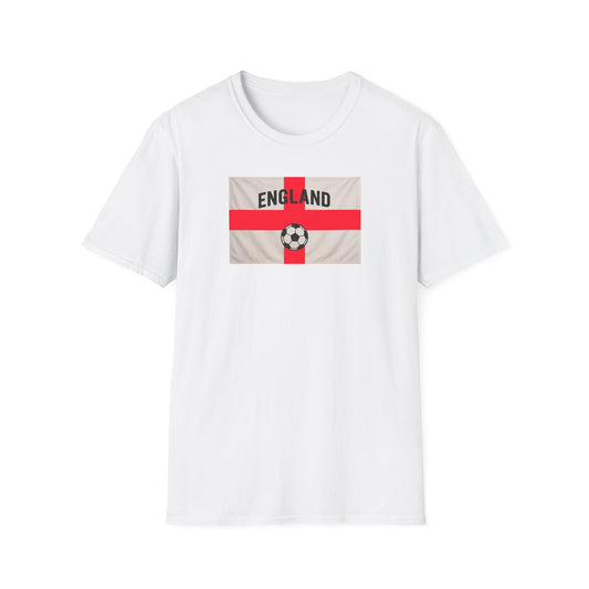 White t-shirt with England flag and soccer ball design on a white background