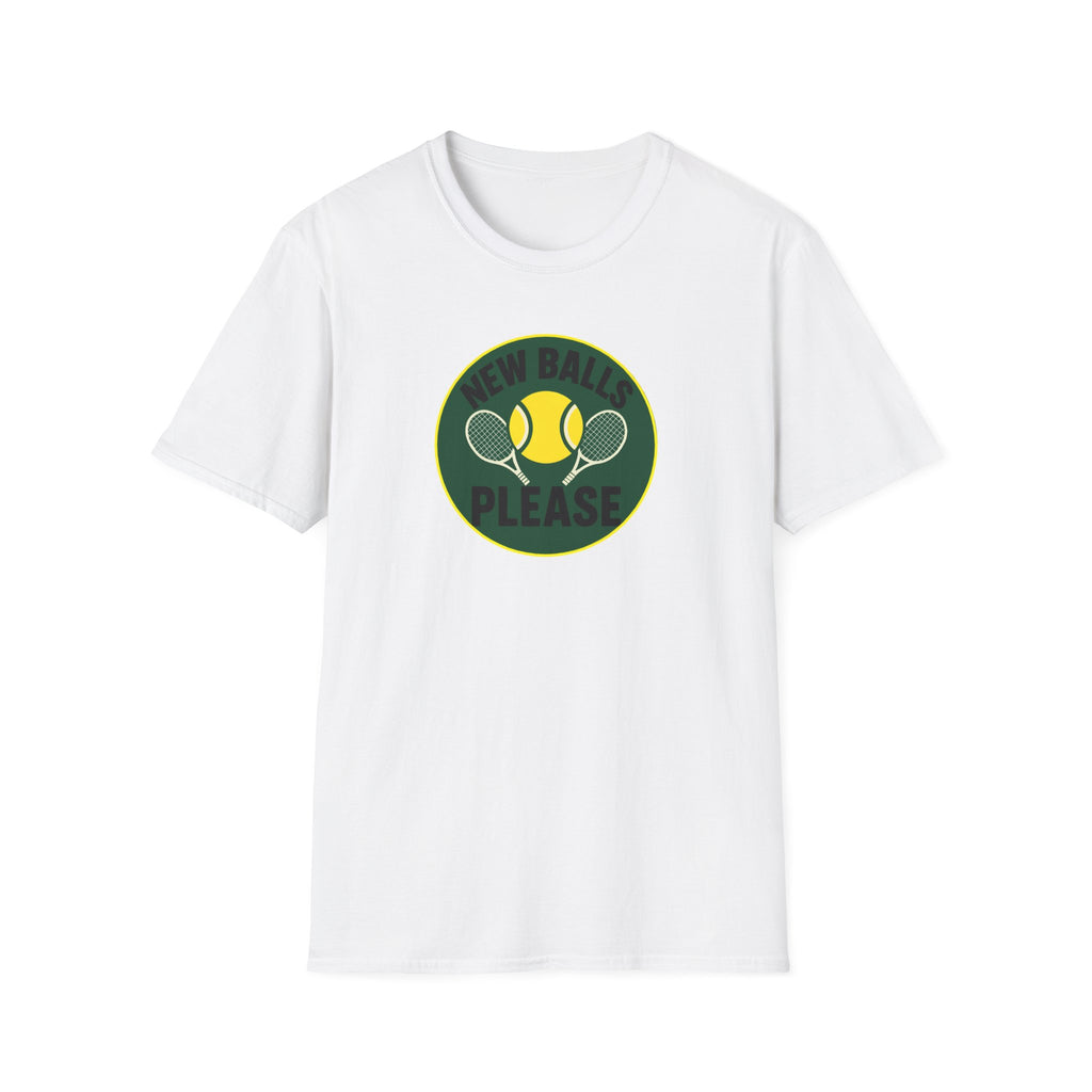 White t-shirt with a graphic design featuring a tennis ball and racket on a white background