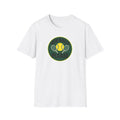White t-shirt with a graphic design featuring a tennis ball and racket on a white background