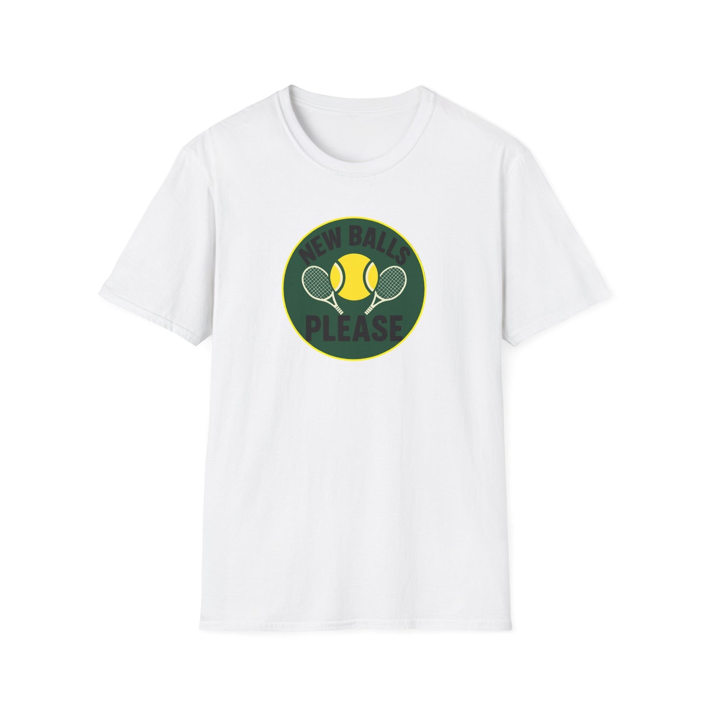 White t-shirt with a graphic design featuring a tennis ball and racket on a white background