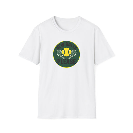 White t-shirt with a graphic design featuring a tennis ball and racket on a white background
