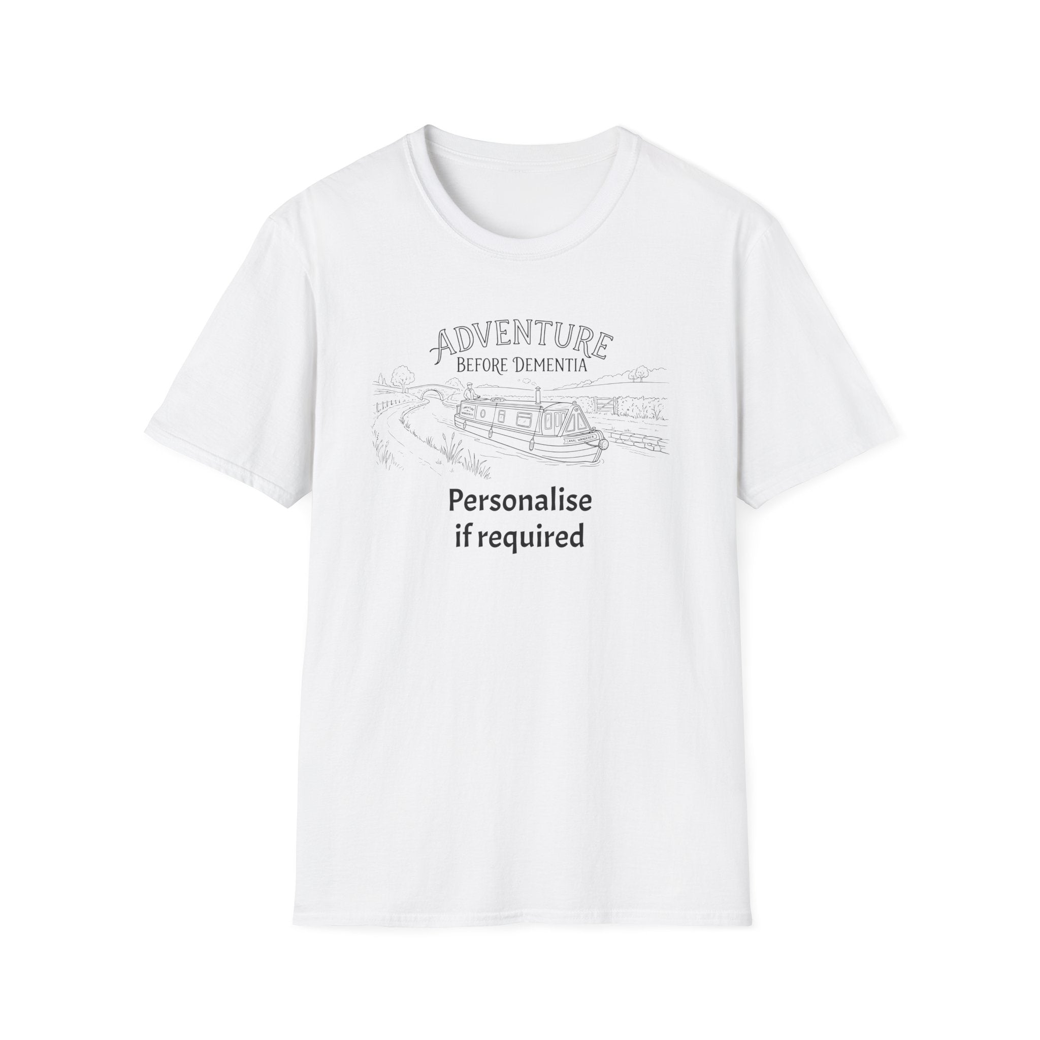 "Adventure Before Dementia"  Narrowboat Retirement T-Shirt -Personalise Option Printify